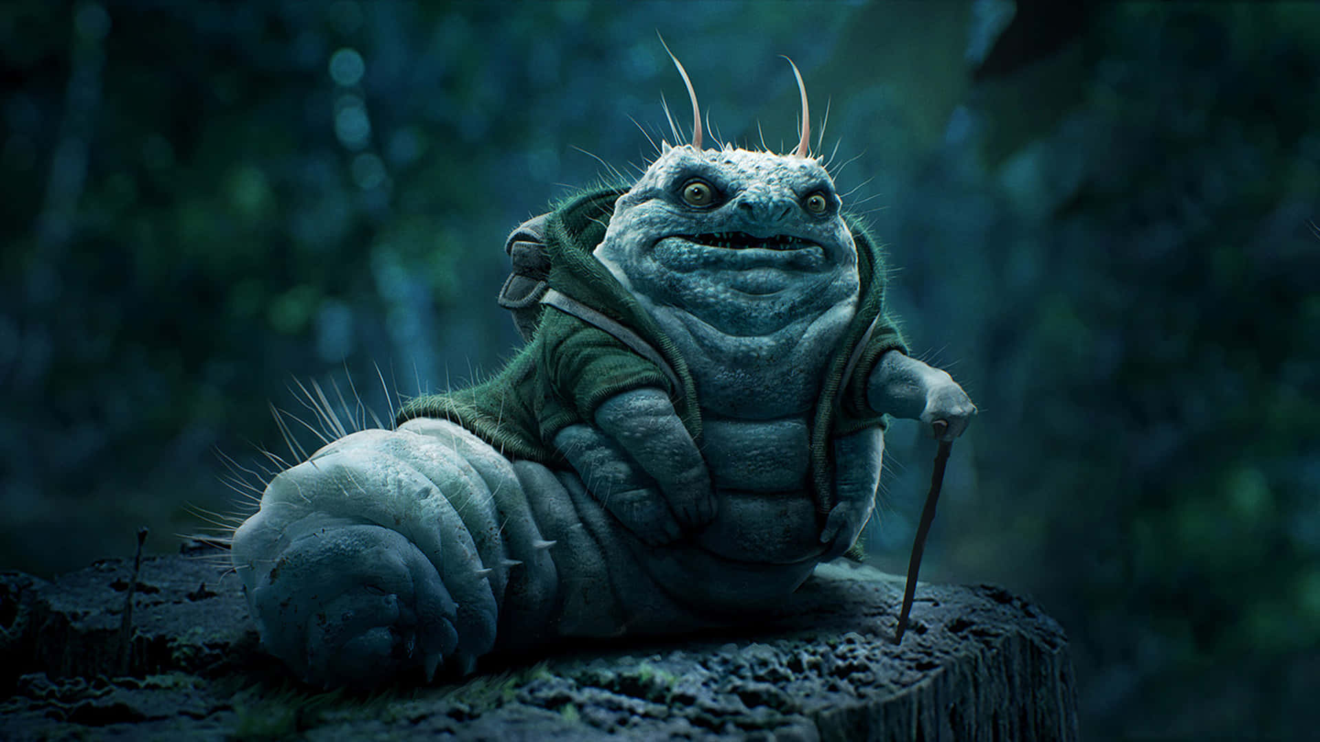 blue caterpillar, green hoodie, tree stump, Full HD Desktop Wallpaper