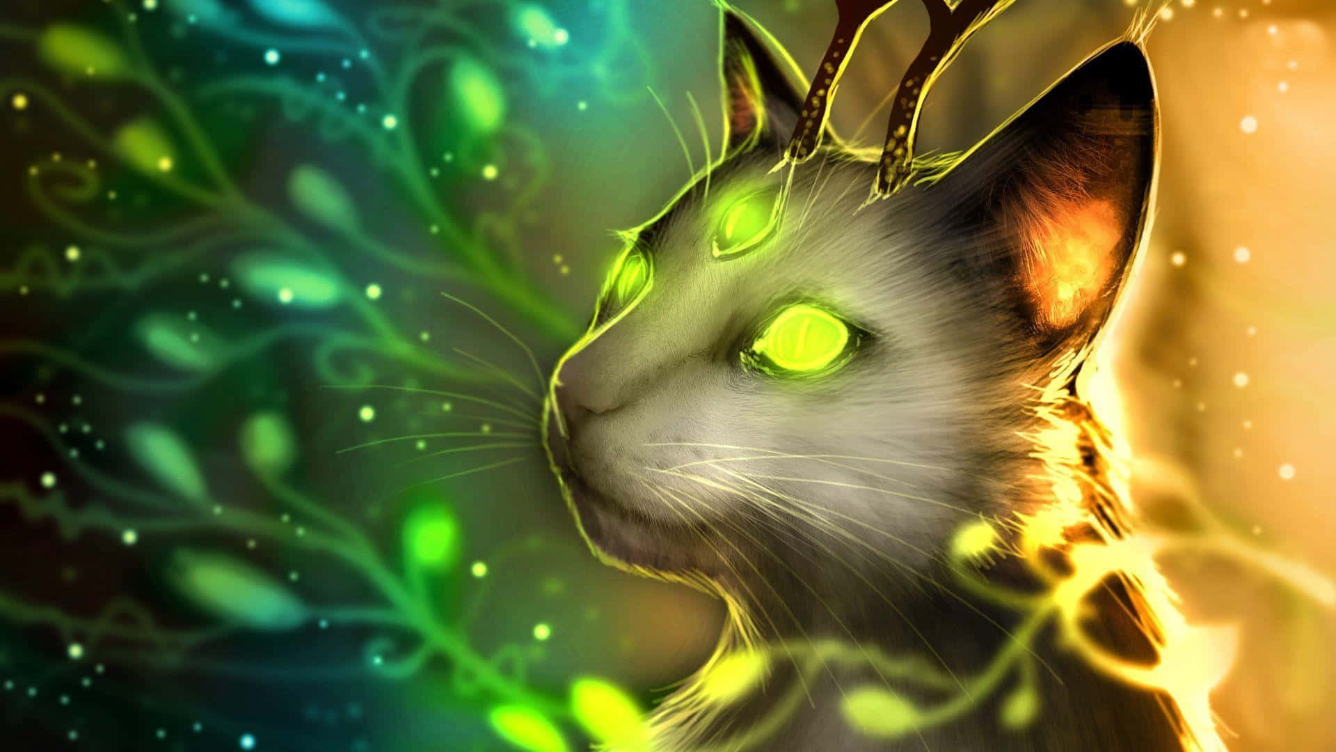 mystical forest cat, white cat, glowing green eyes, Full HD Desktop Wallpaper