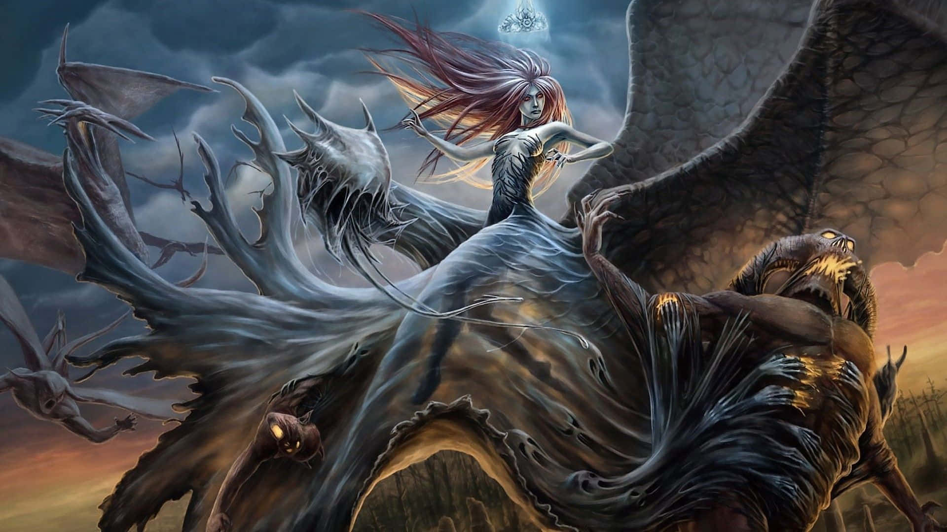 mystical sorceress, dragon, stormy twilight sky, Full HD Desktop Wallpaper