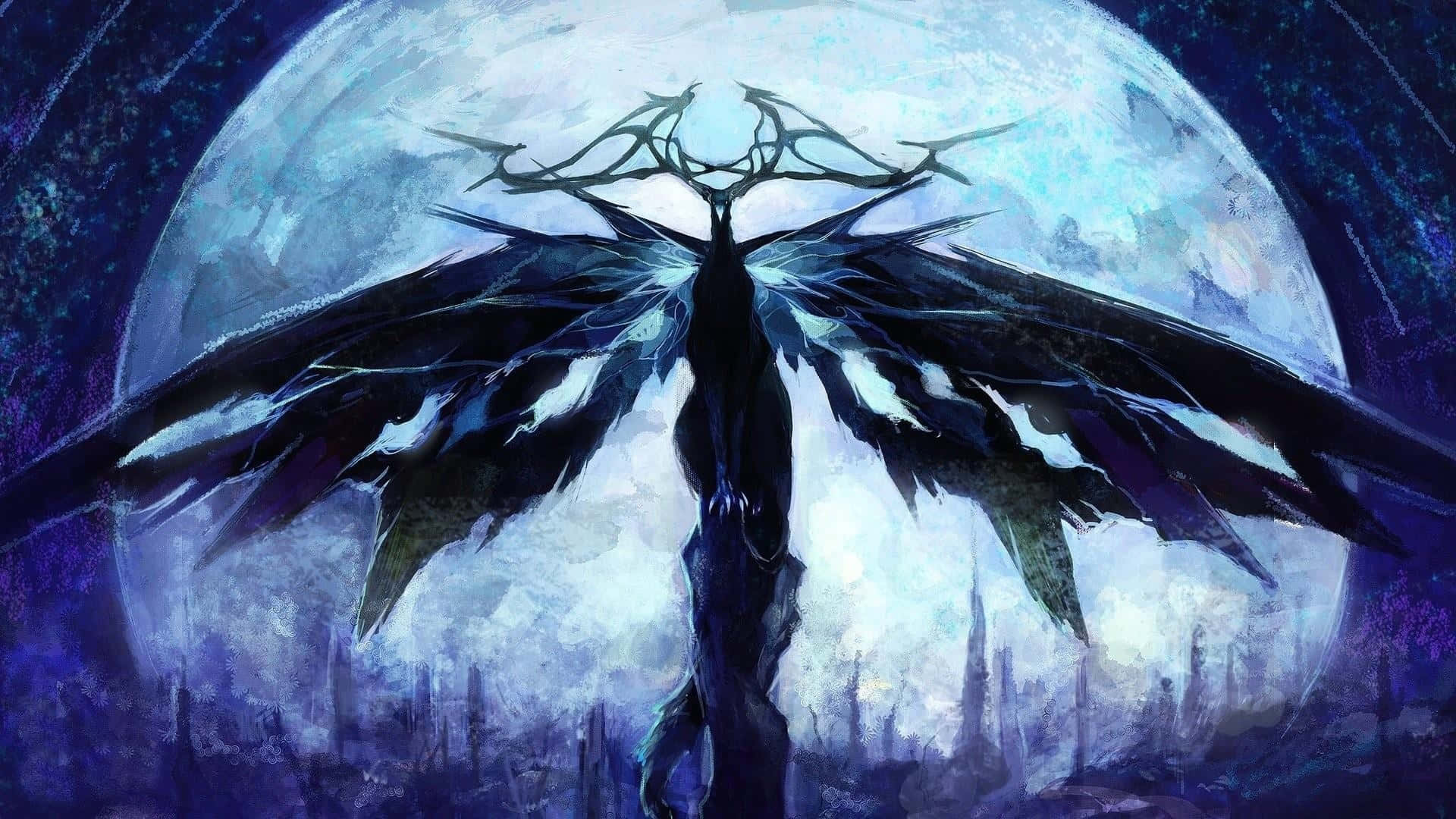 mystical moonlit dragon, glowing moon, ruined cityscape, Full HD Desktop Wallpaper