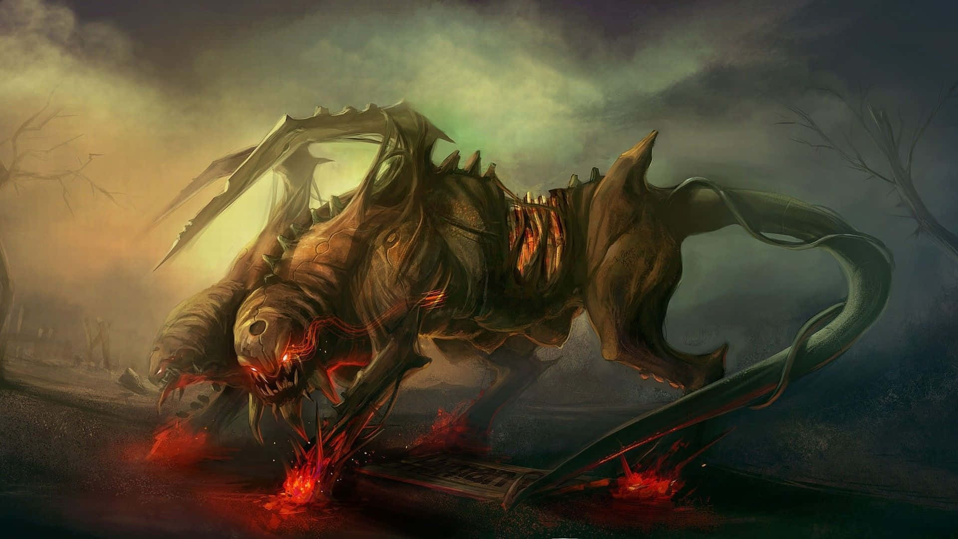 fiery skeletal dragon, glowing red eyes, spiky armor, Full HD Desktop Wallpaper