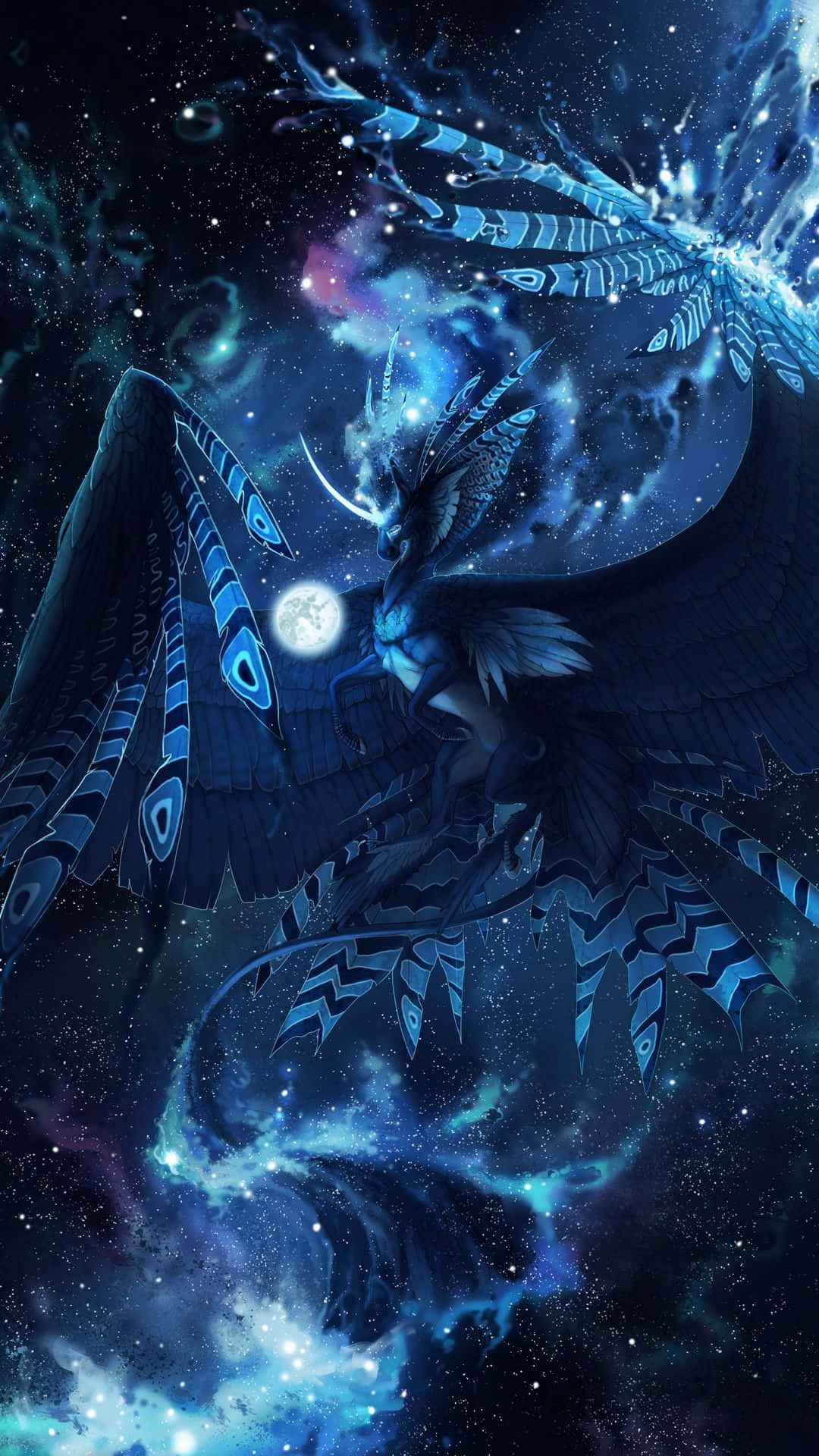 mystical blue dragon, starry cosmic sky, glowing nebulae, Full HD Phone Wallpaper