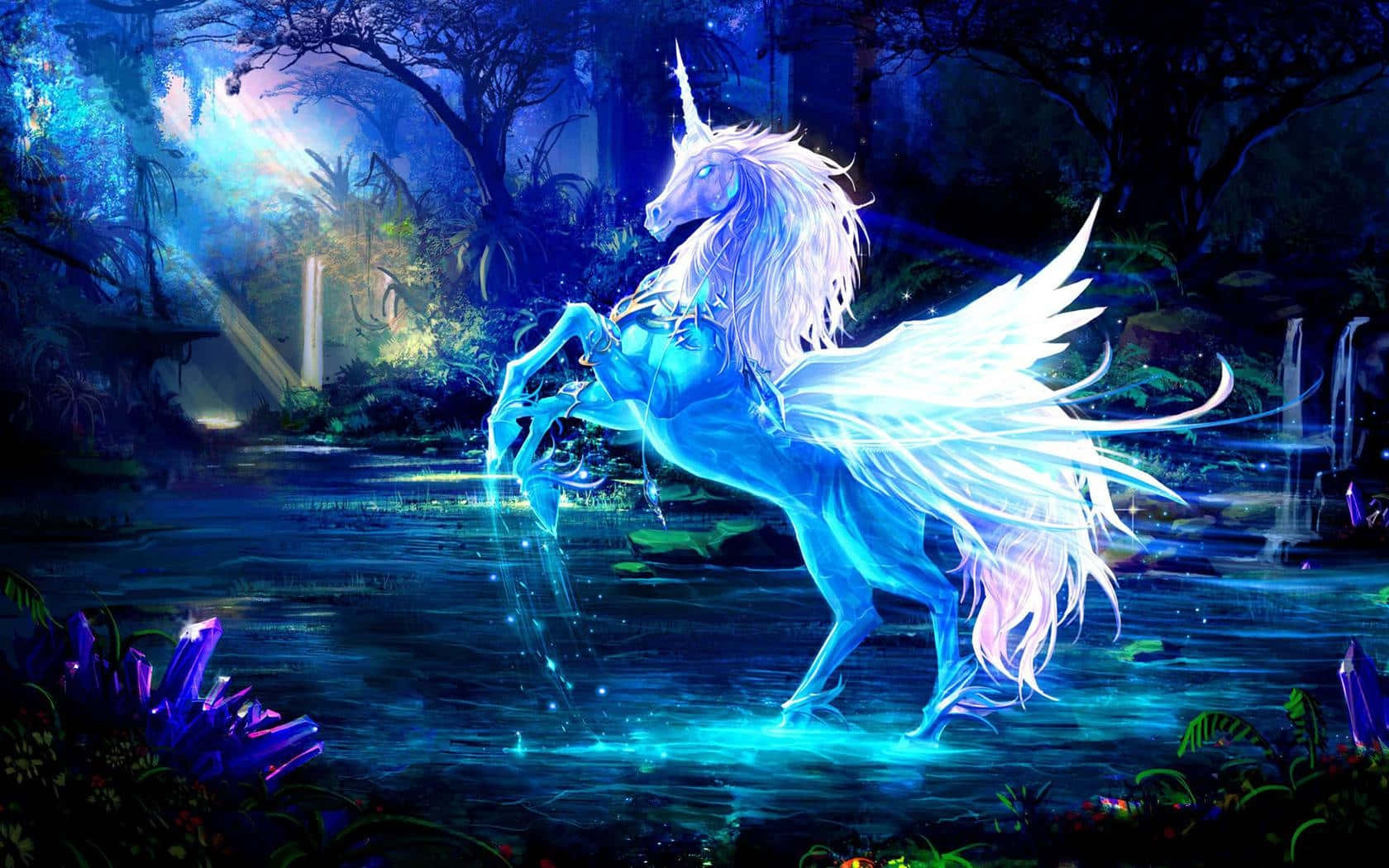 enchanted forest, unicorn, glowing blue, HD Desktop Wallpaper