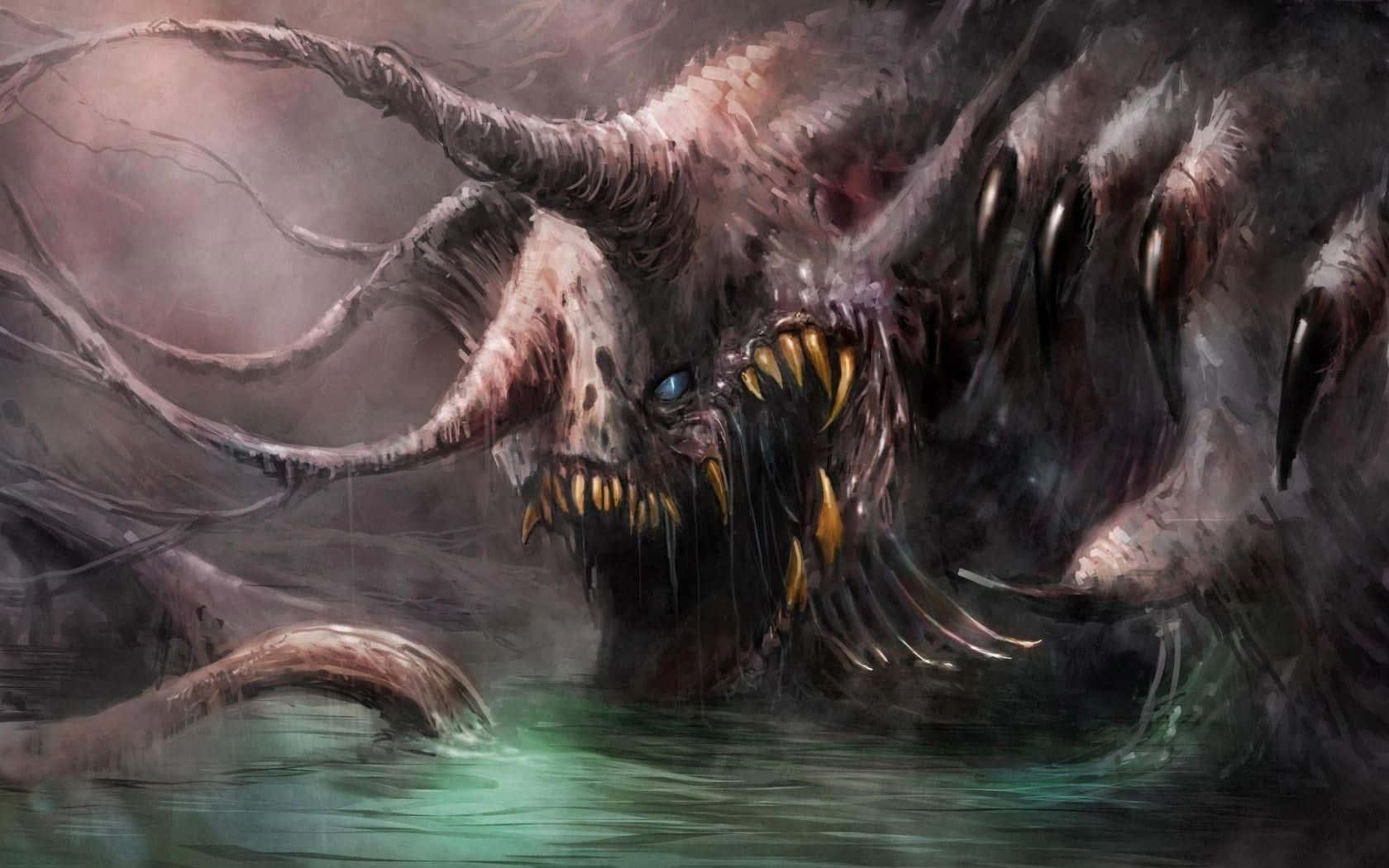mythical winged dragon, glowing blue eyes, jagged yellow teeth, HD Desktop Wallpaper