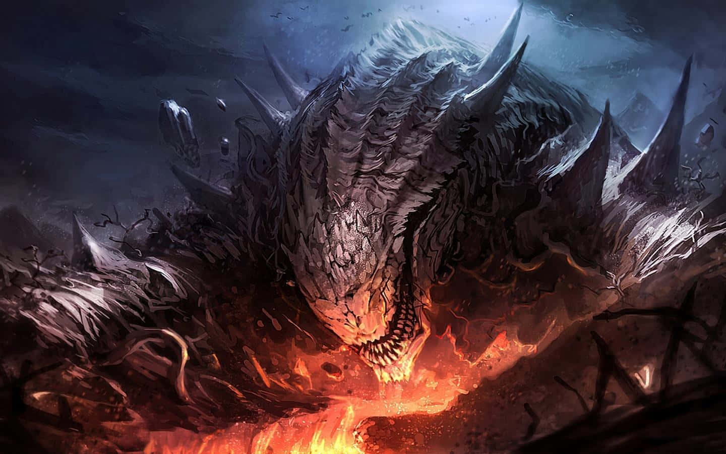 fierce dragon, glowing orange eyes, mouth emerges from fiery lava, HD Desktop Wallpaper