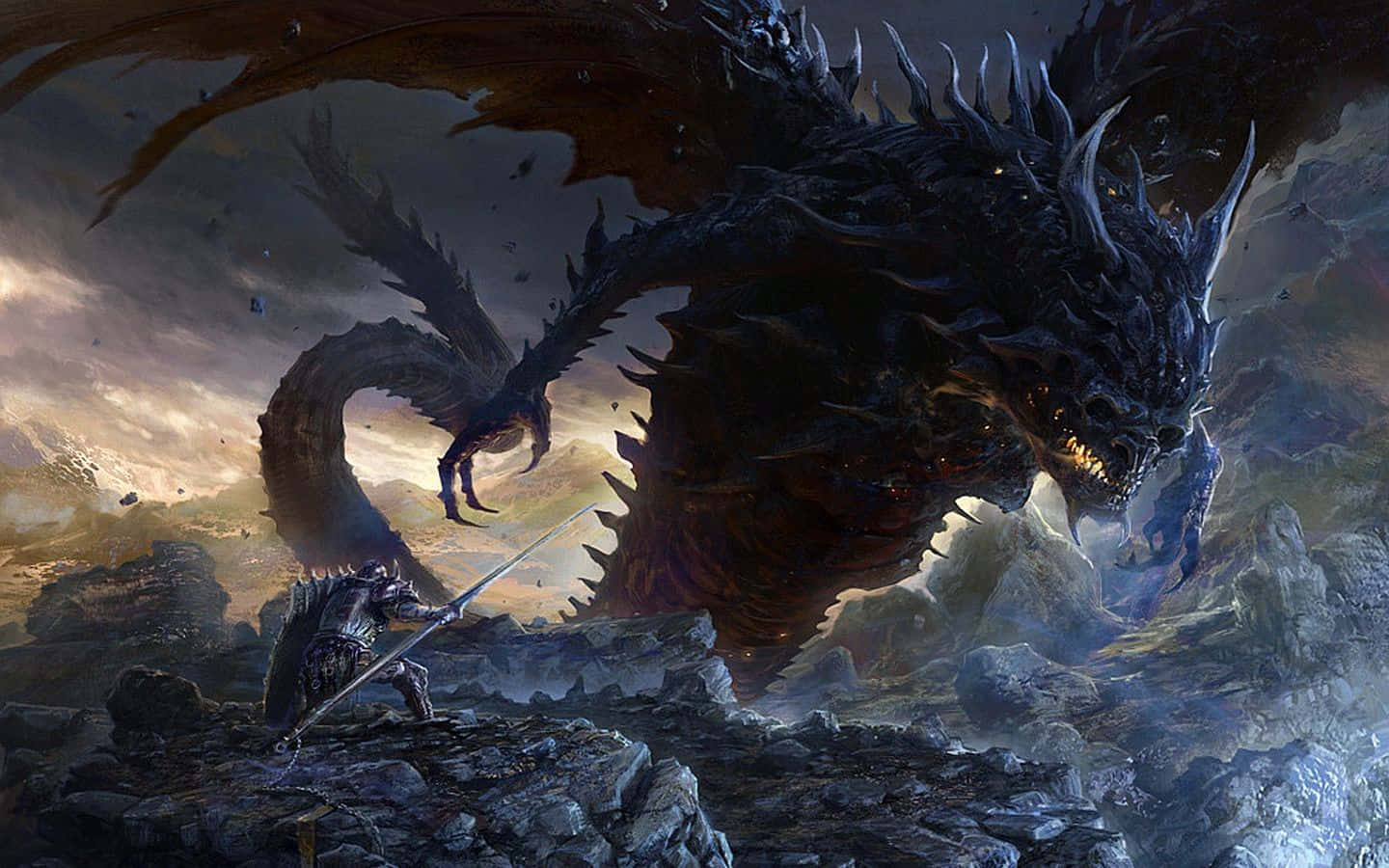 epic dragon battle, fantasy artwork, armored warrior, HD Desktop Wallpaper
