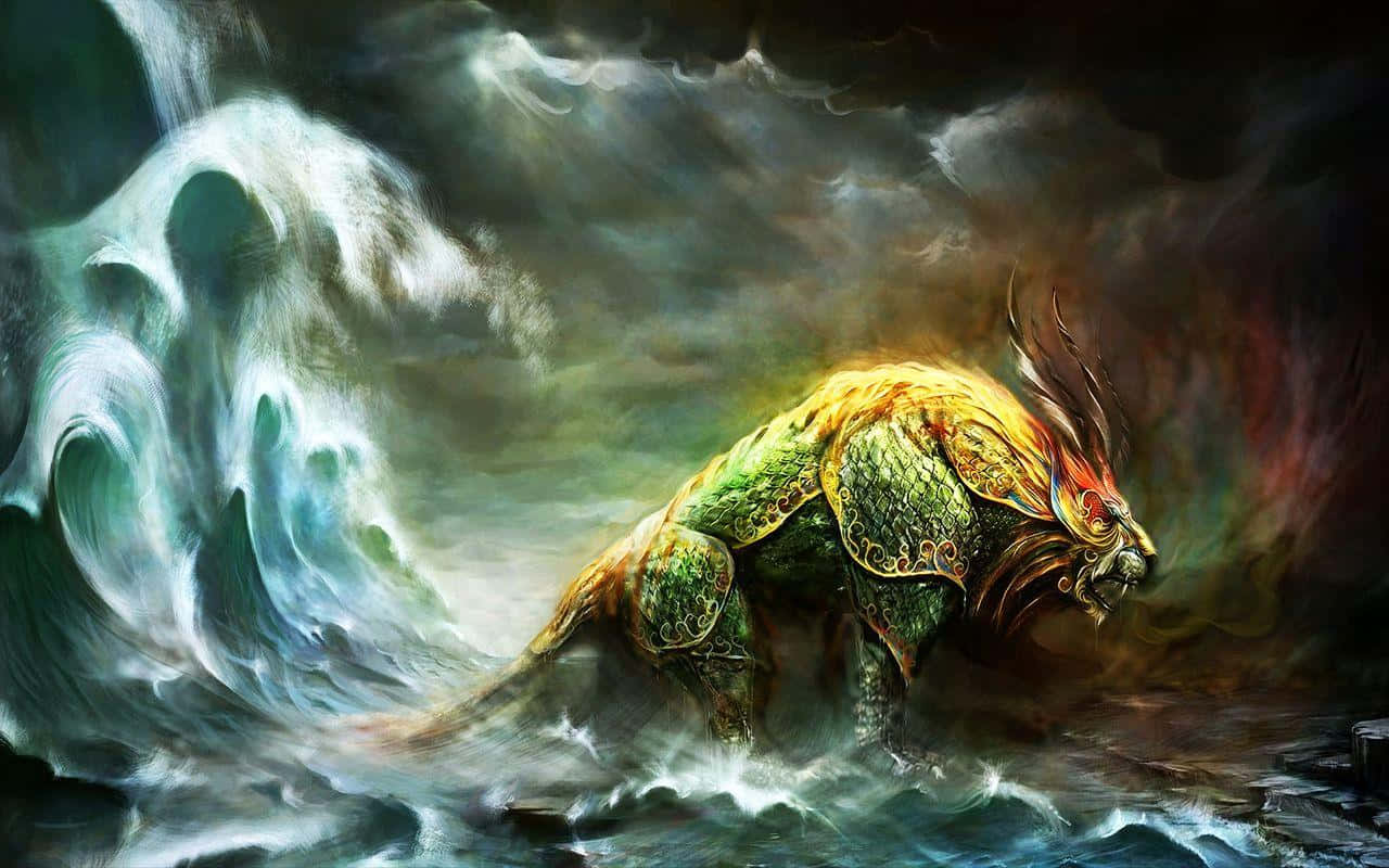 mystical fire beast, golden and green mythical beast, ornate armor, HD Desktop Wallpaper