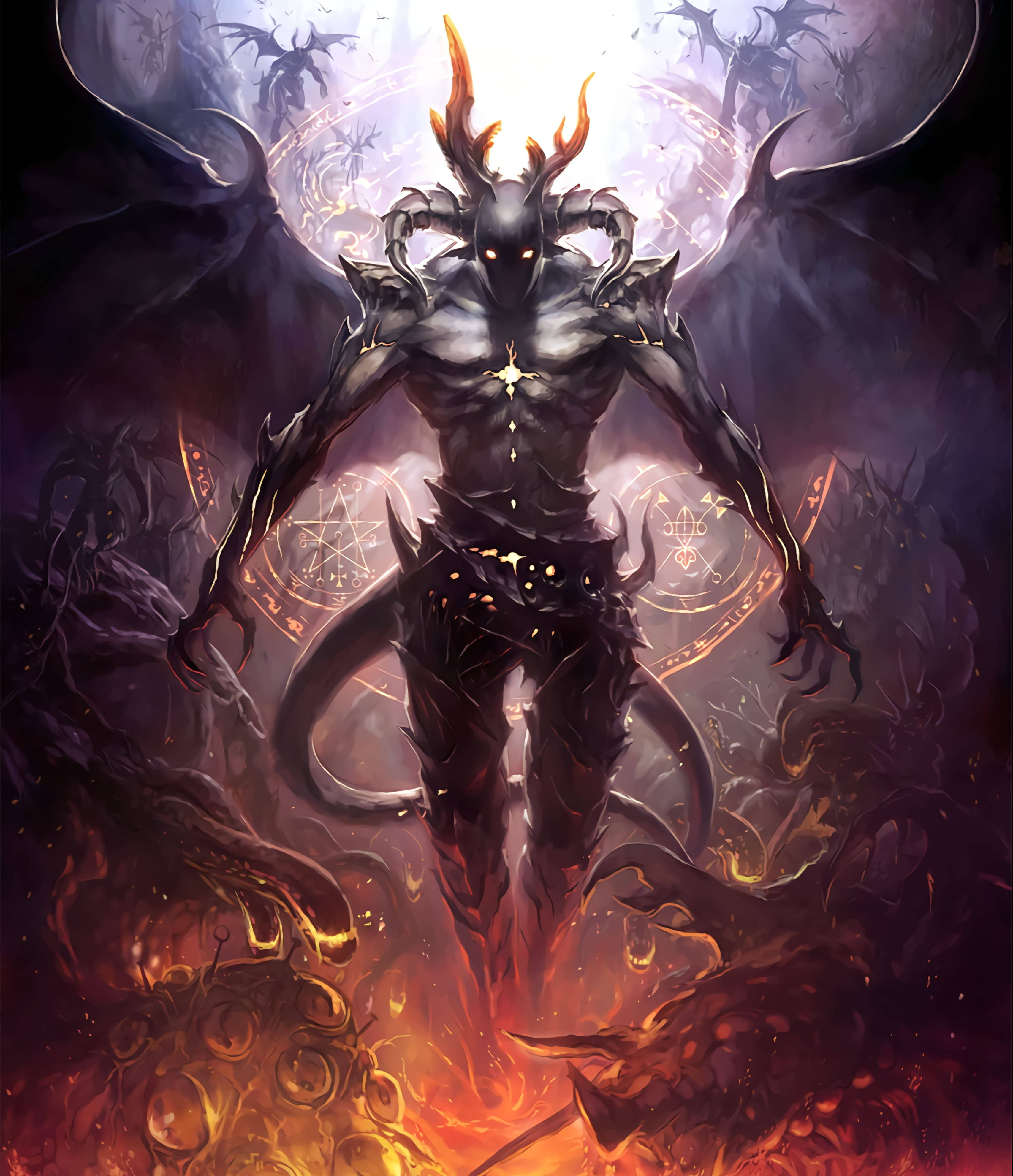 fantasy devil, glowing eyes, fiery horns, 4K Phone Wallpaper