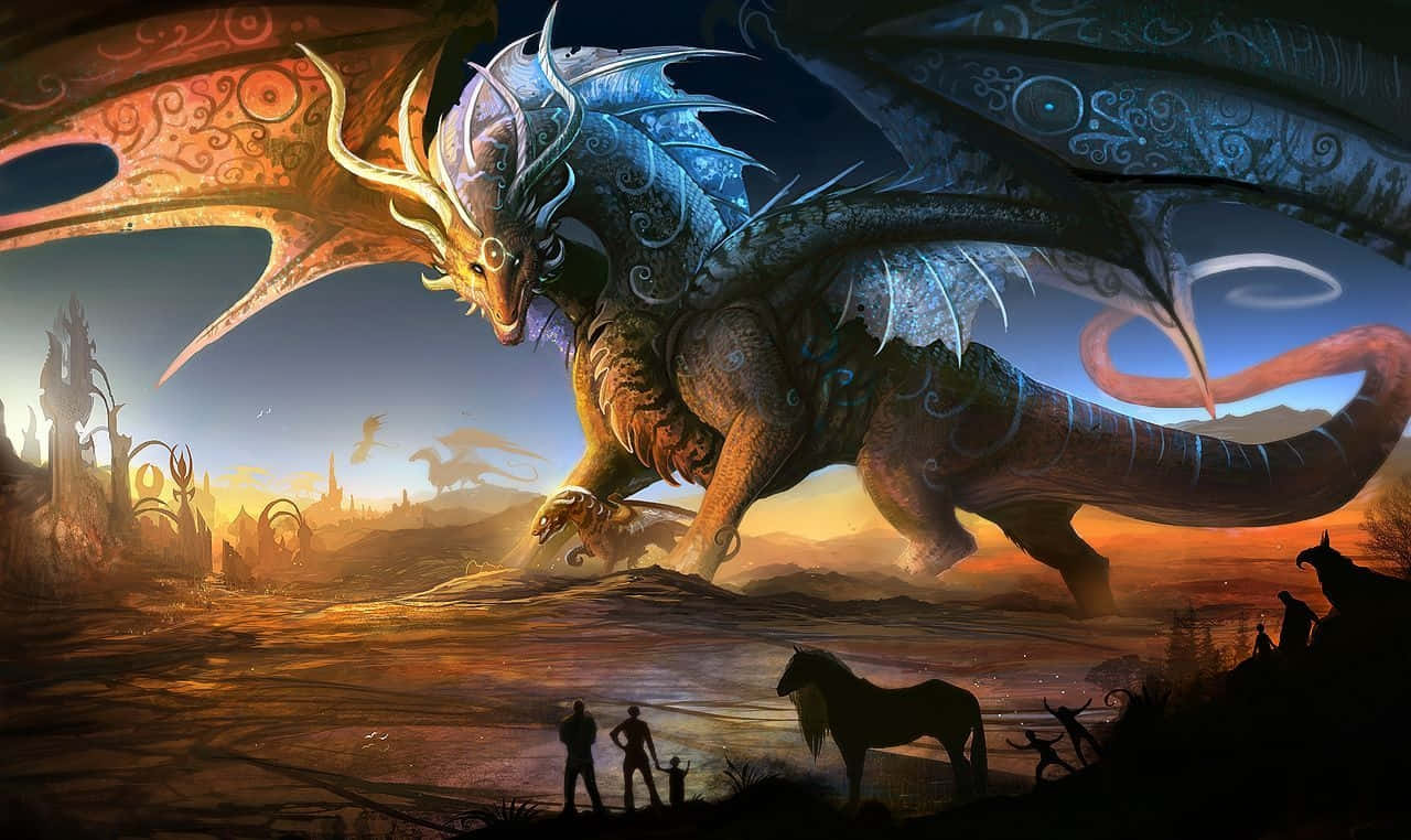 majestic dragon, blue and gold scales, sunset-lit fantasy landscape, HD Desktop Wallpaper