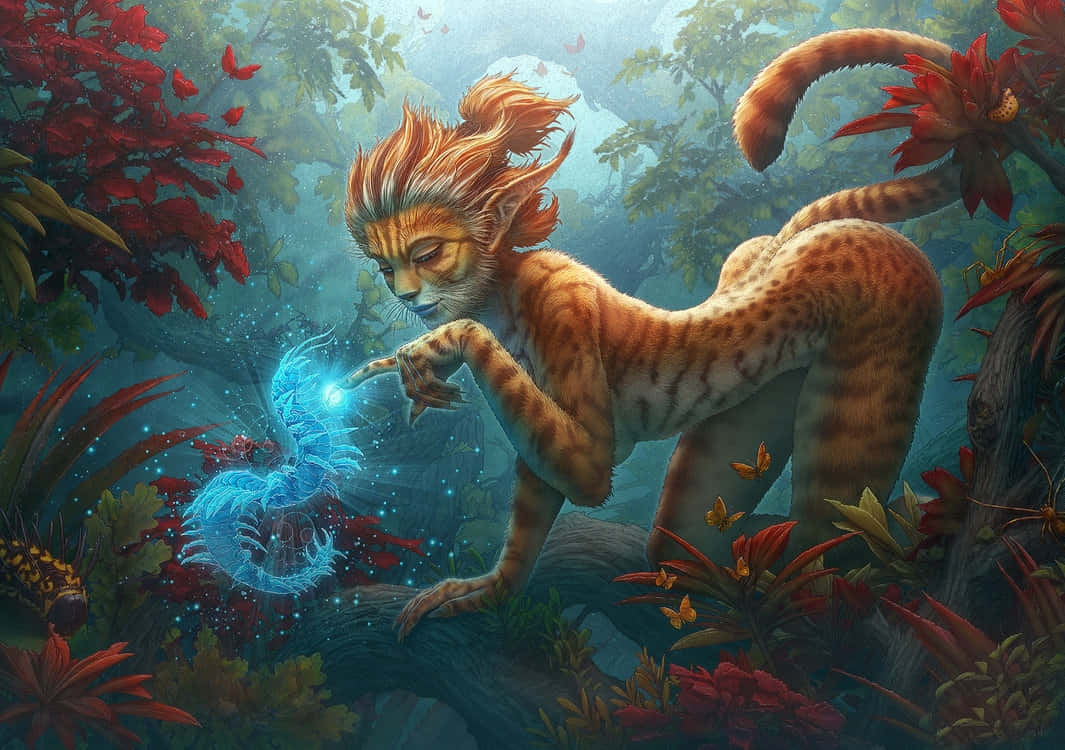 mystical forest, lion-like creature, fiery mane, SD Desktop Wallpaper