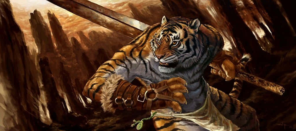 tiger warrior, sword, rocky canyon, SD Desktop Wallpaper