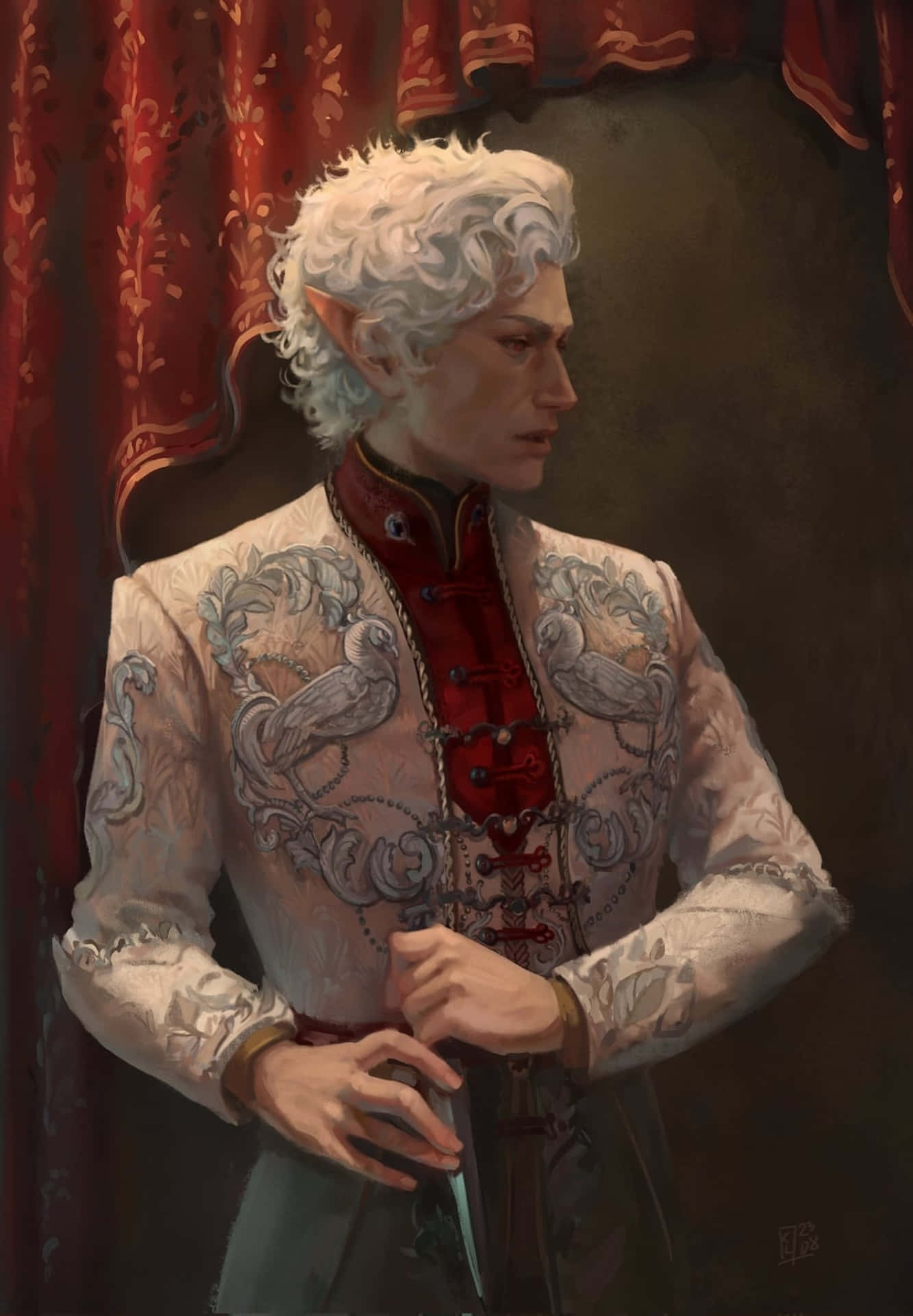 regal elf, white curly hair, pointed ears, Full HD Phone Wallpaper