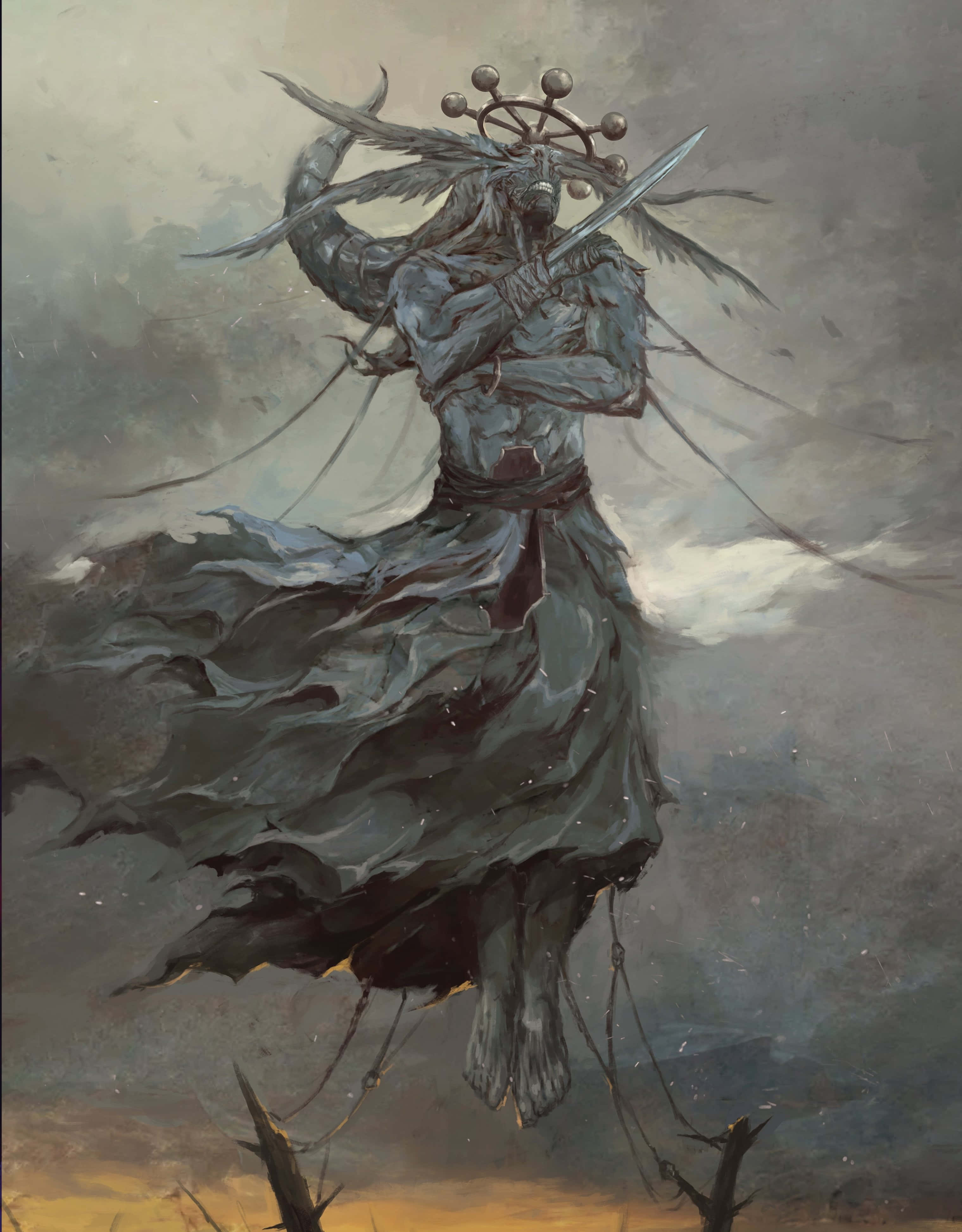 mystical warrior, feathered wings, spiked crown, 4K Phone Wallpaper