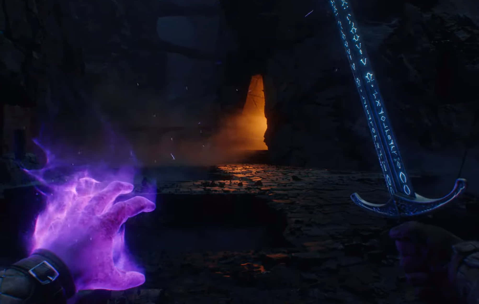 Fantasy Games, glowing purple magic hand, blue enchanted sword, Full HD Desktop Wallpaper