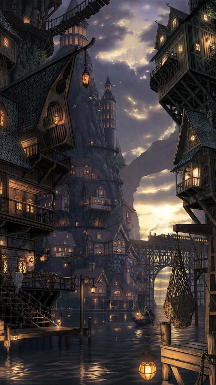 Fantasy Phone, twilight fantasy village, cliffside, HD Phone Wallpaper