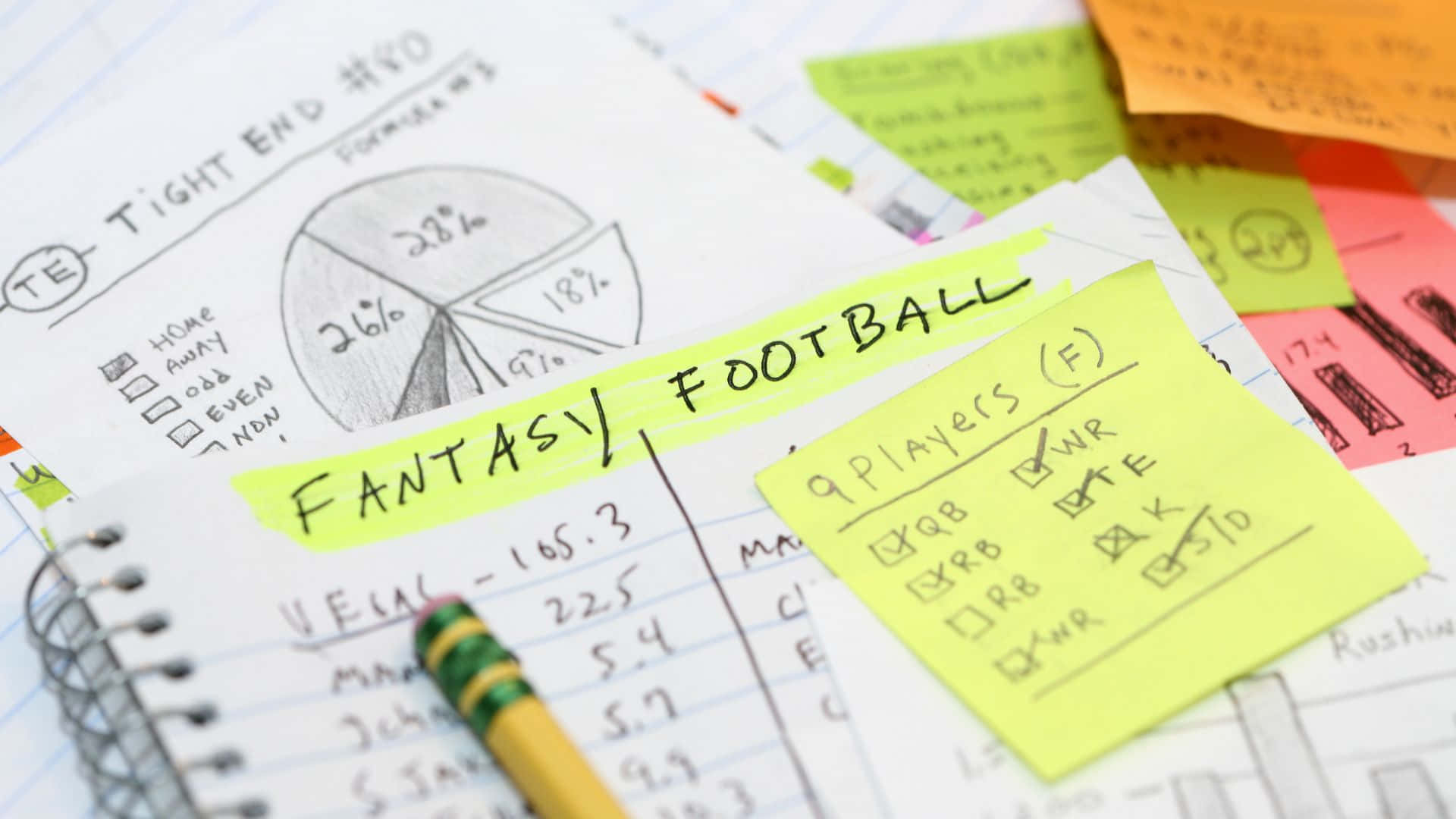 fantasy football, cluttered desk, handwritten fantasy football stats, Full HD Desktop Wallpaper