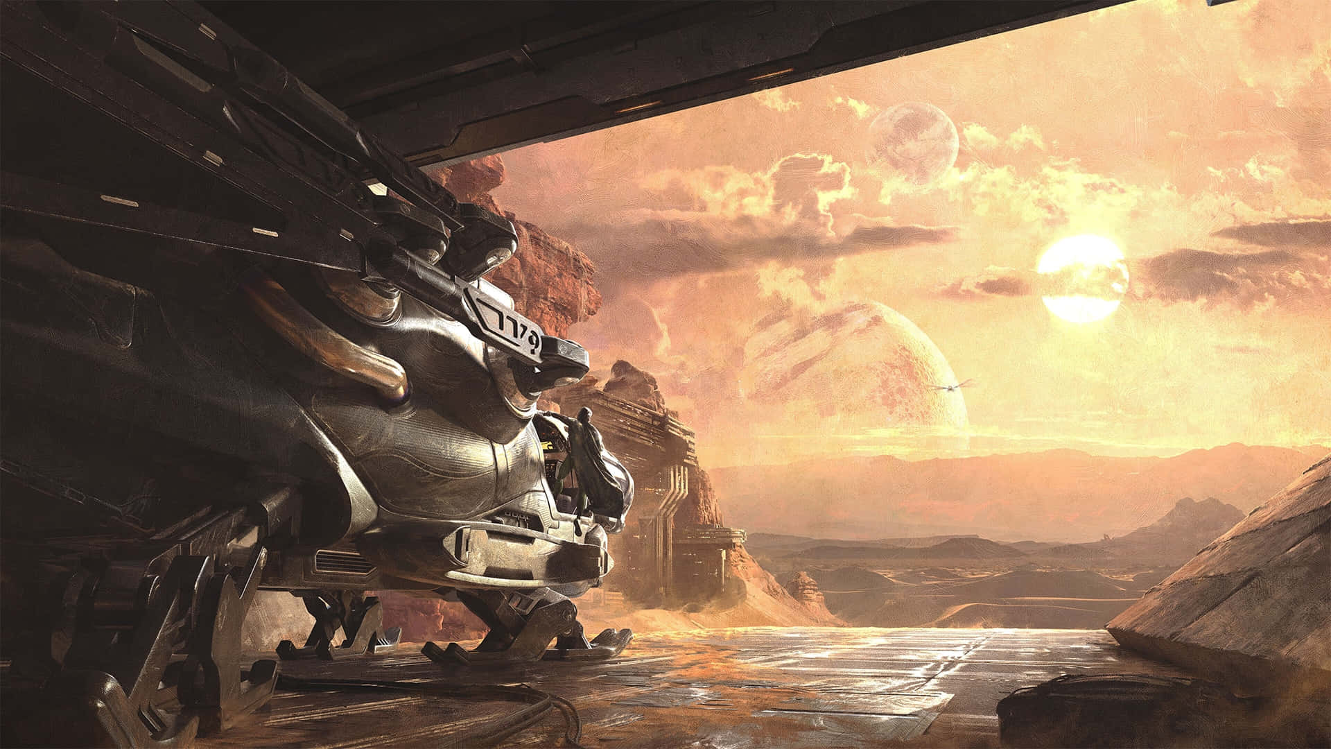 futuristic spacecraft, rust-colored alien canyon, glowing sun, Full HD Desktop Wallpaper