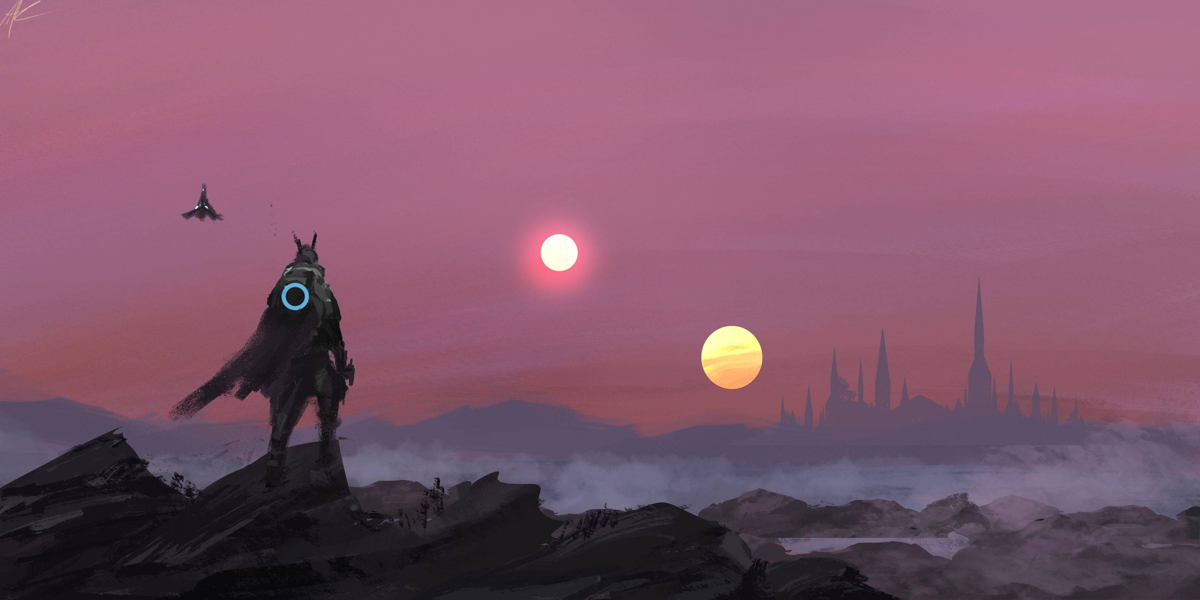 armored figure, rocky outcrop, double sunset, 4K Desktop Wallpaper