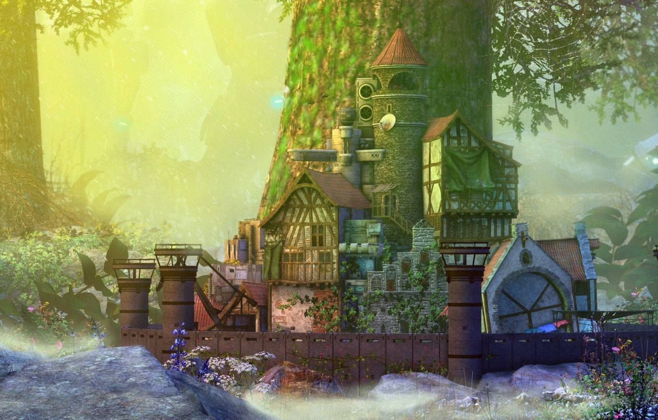fantasy castle, treehouse village, misty forest, HD Desktop Wallpaper