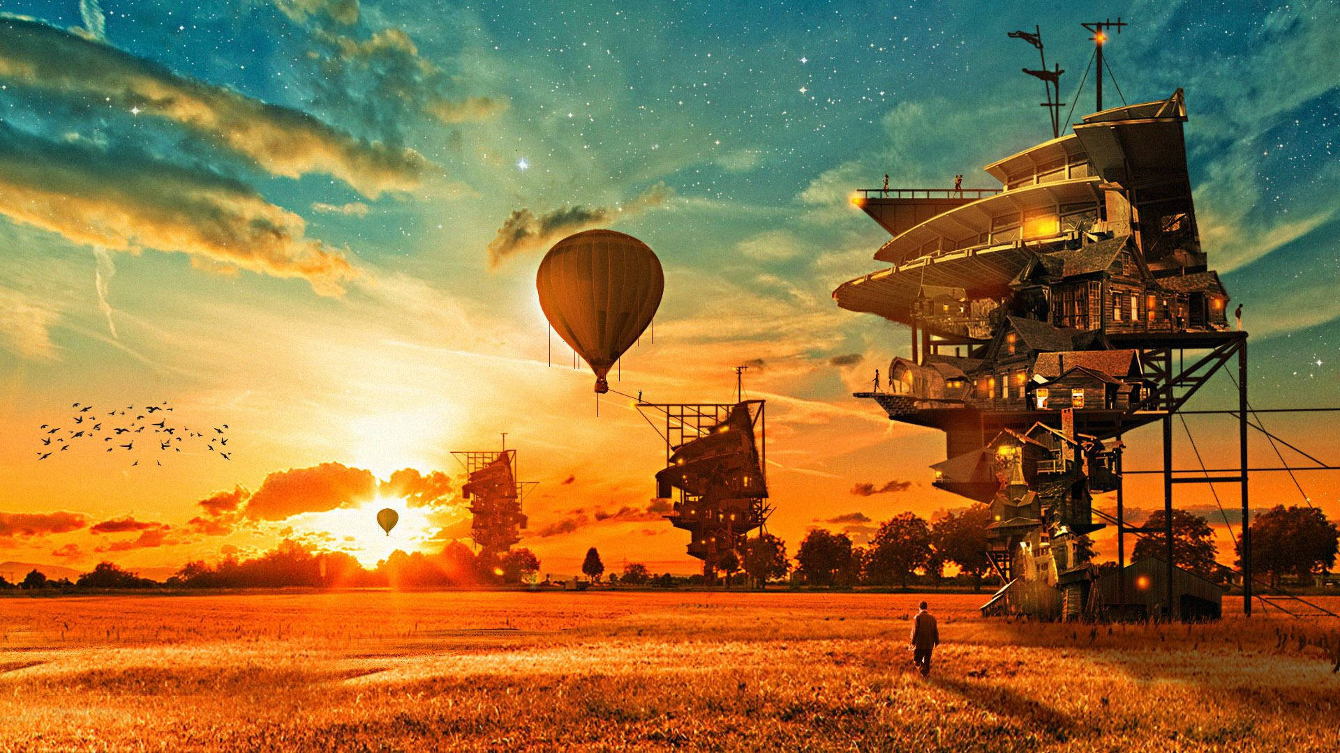 golden field, towering treehouse structures, hot air balloon, Full HD Desktop Wallpaper