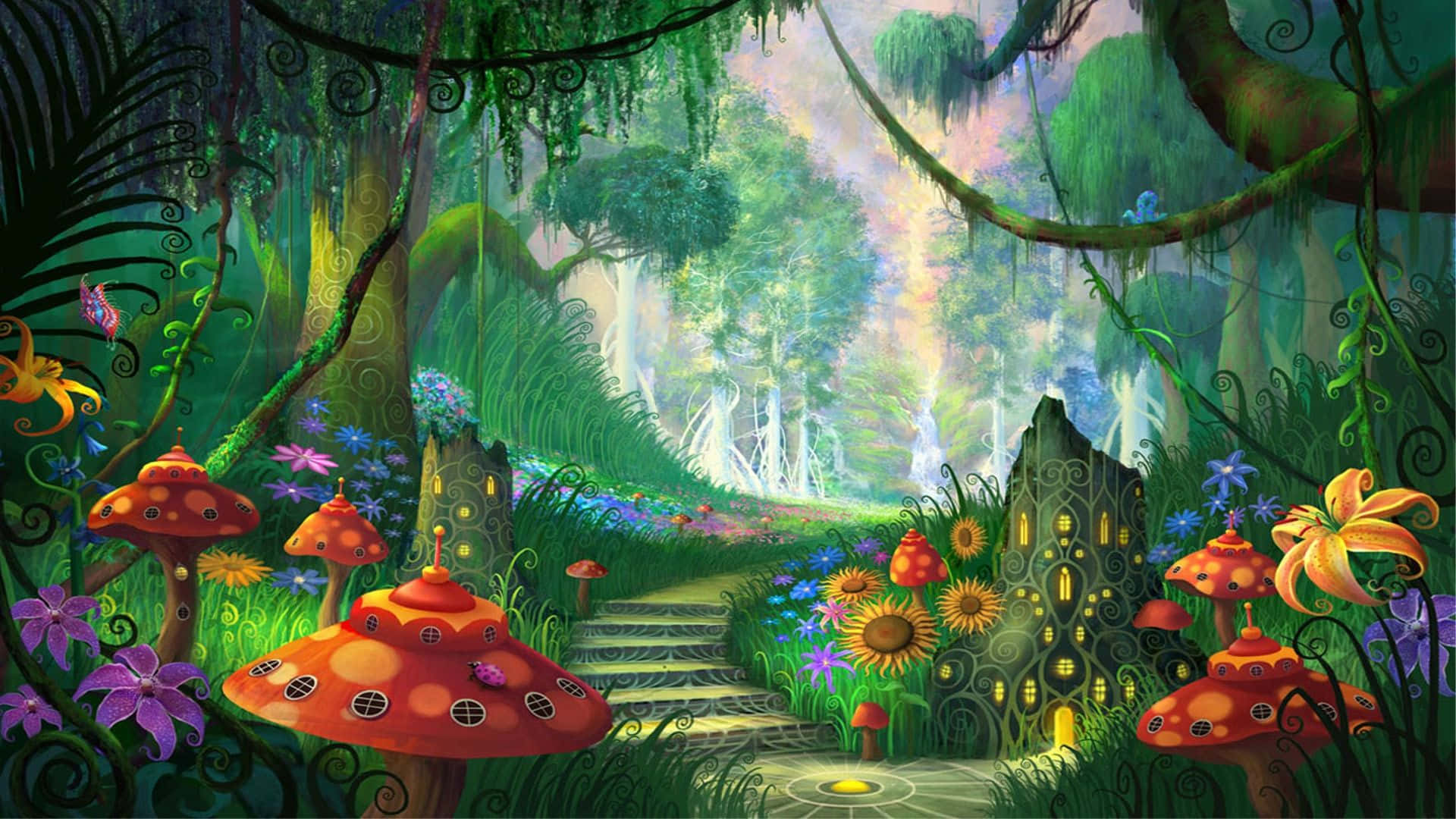 enchanted garden, glowing mushroom houses, vibrant flowers, Full HD Desktop Wallpaper