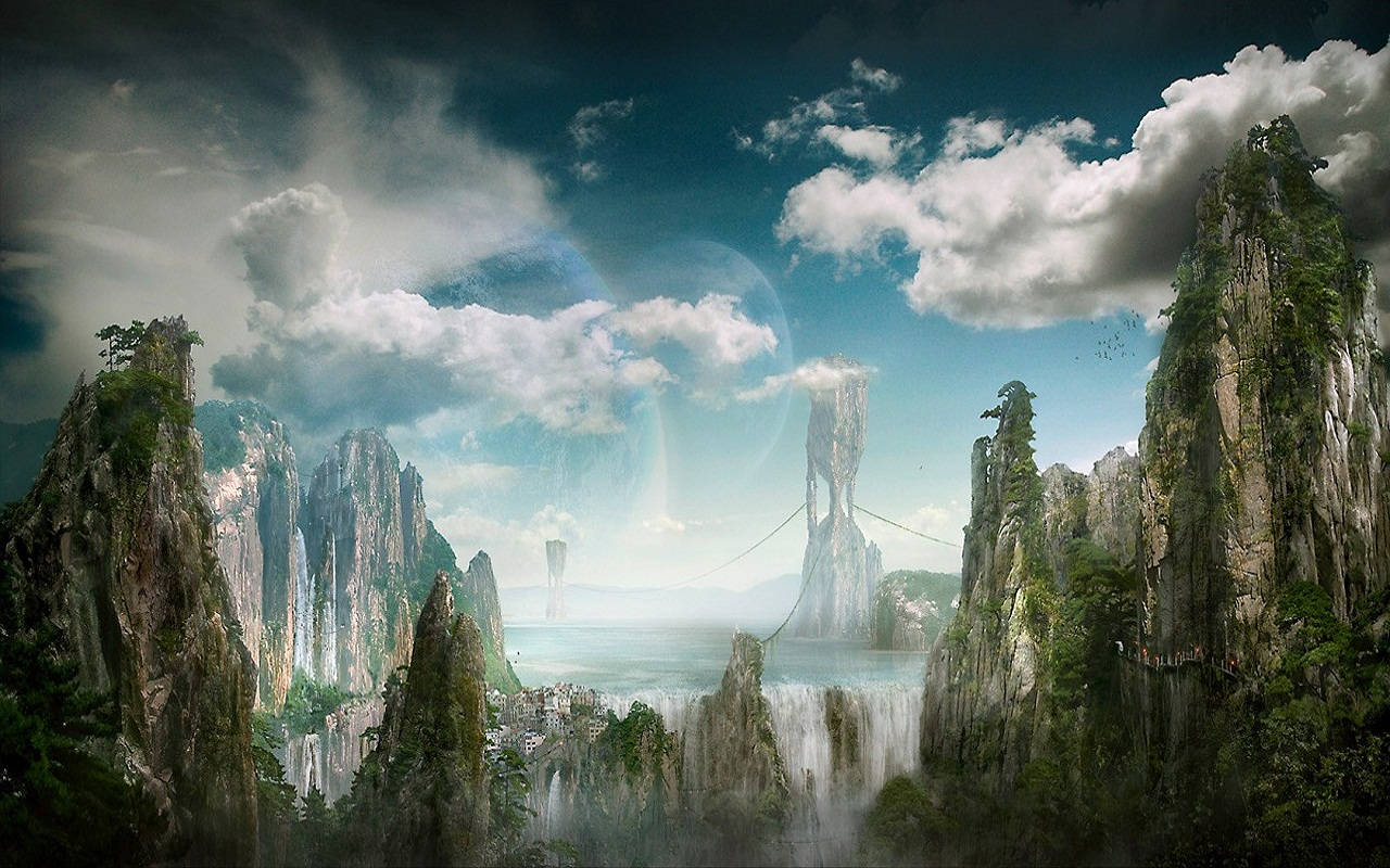 fantasy world, towering rock spires, cascading waterfalls, HD Desktop Wallpaper