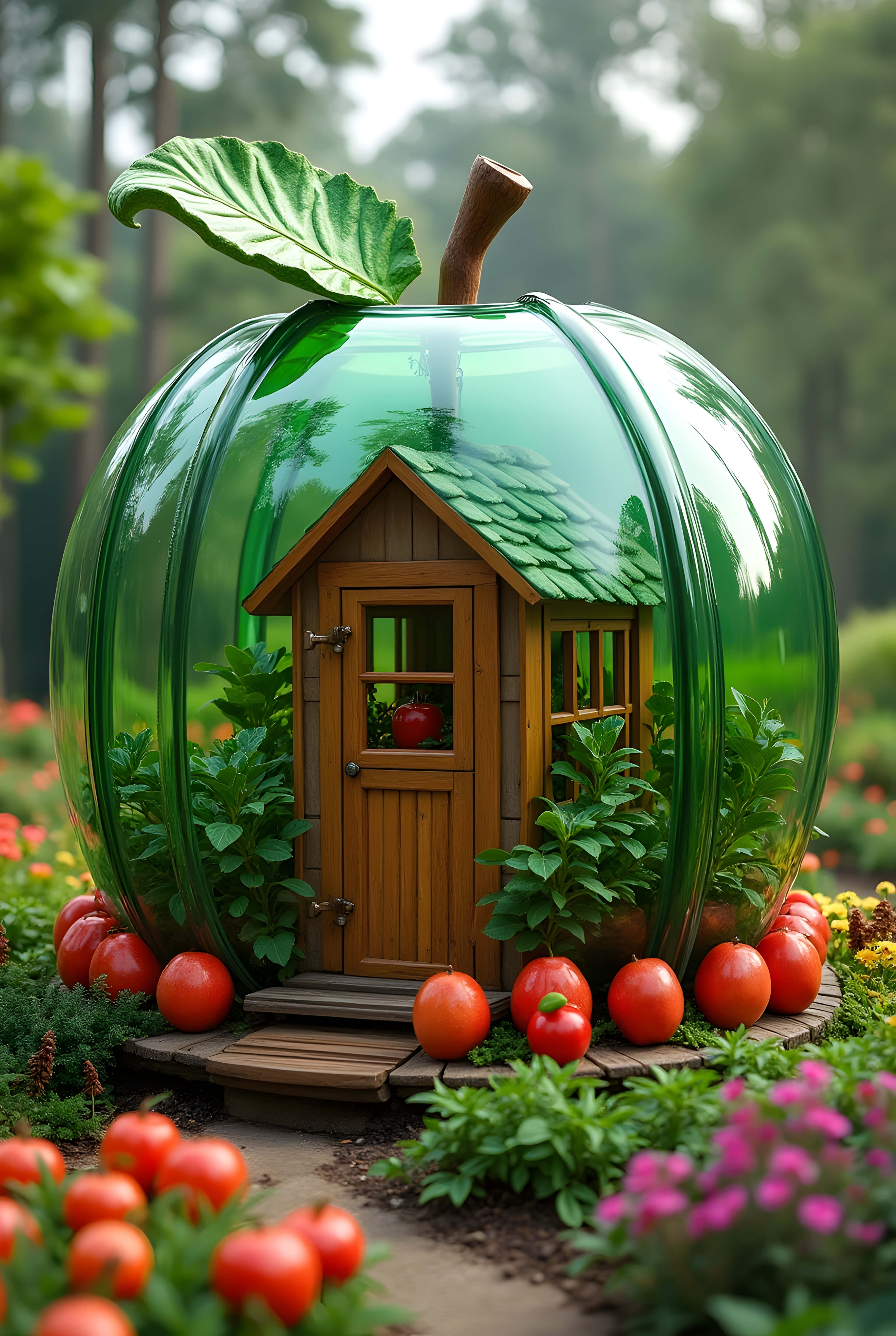 whimsical garden home, glass apple-shaped house, wooden door, 4K Phone Wallpaper