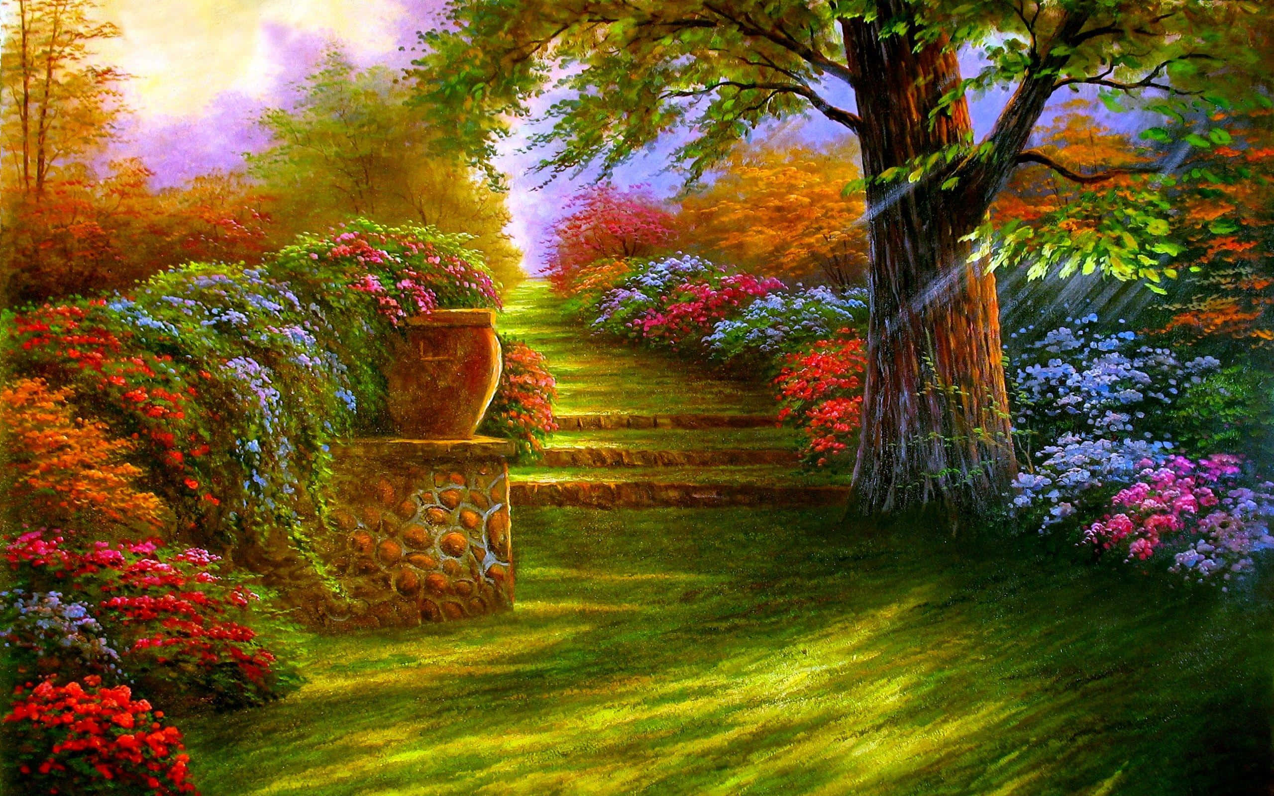 Fantasy Gardens, twilight, stone staircase, 2K Desktop Wallpaper
