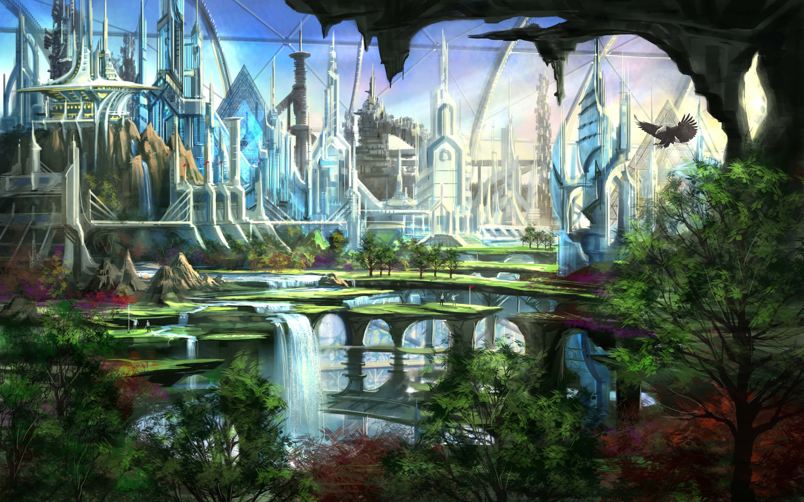 enchanted futuristic cityscape, glass and stone, lush valley, 2K Desktop Wallpaper
