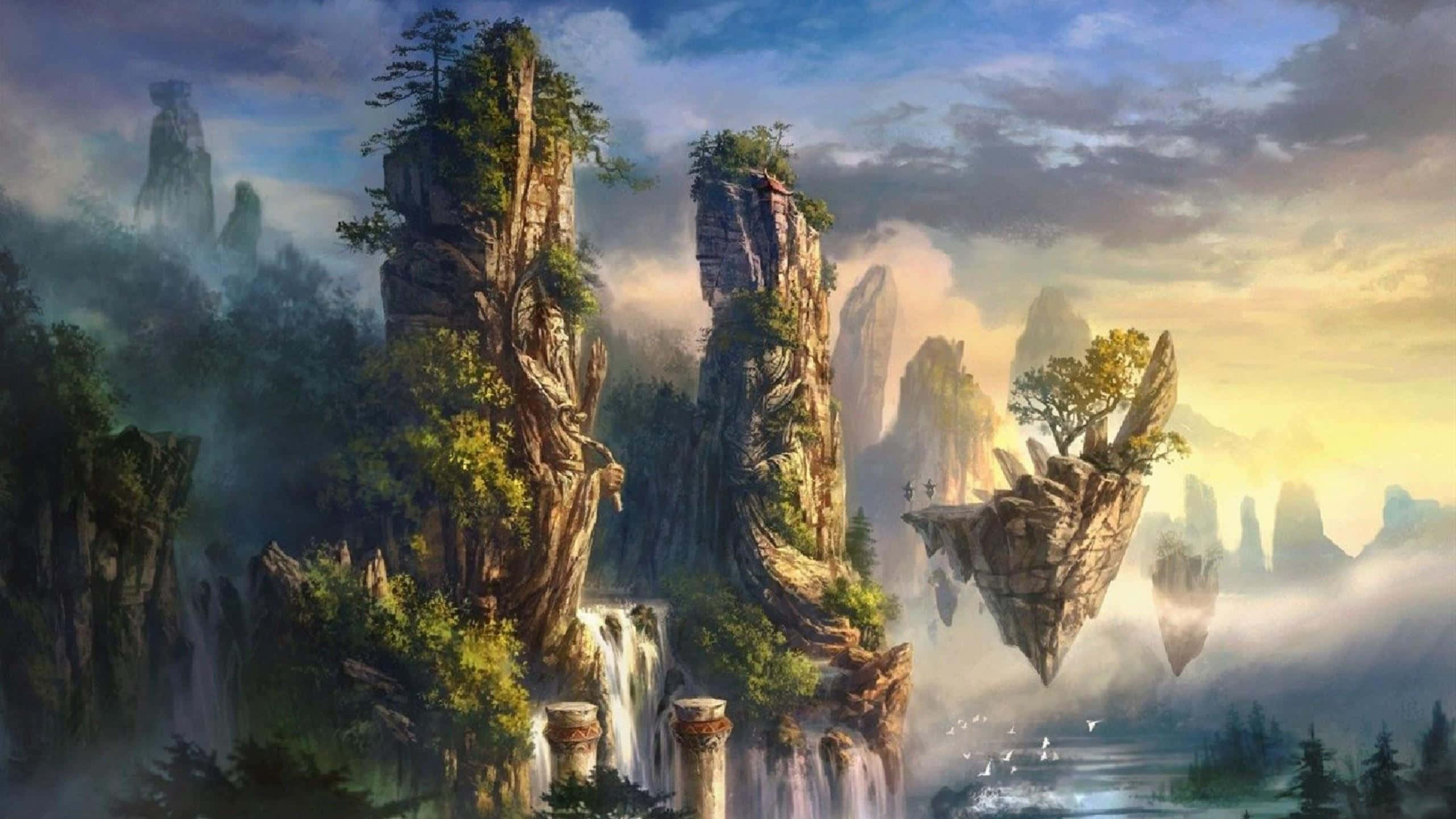 enchanted floating islands, waterfalls, misty valleys, 2K Desktop Wallpaper