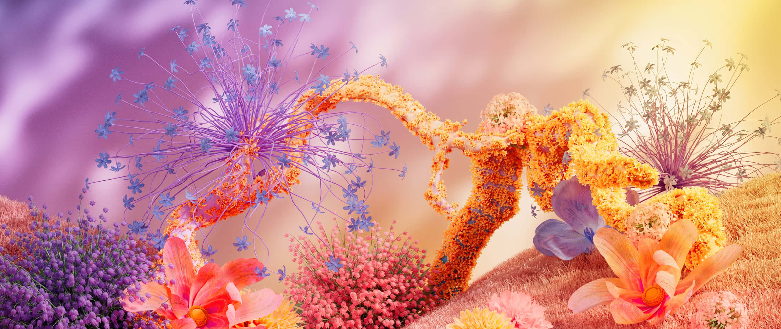 glowing orange heart-shaped tree, purple and pink blossoms, soft pastel sky, 2K Desktop Wallpaper
