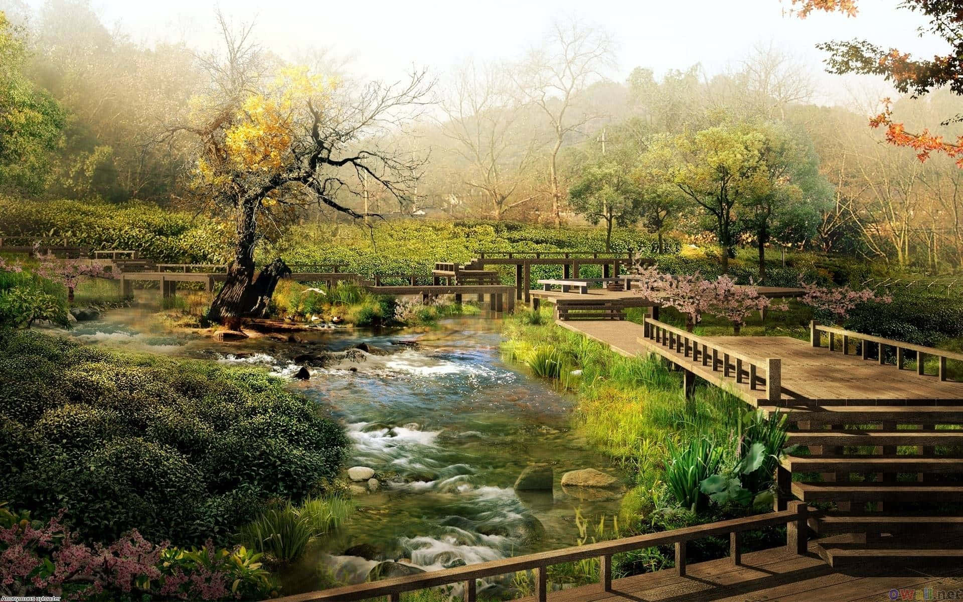 enchanted garden stream bridge, autumn forest, winding stream, Full HD Desktop Wallpaper