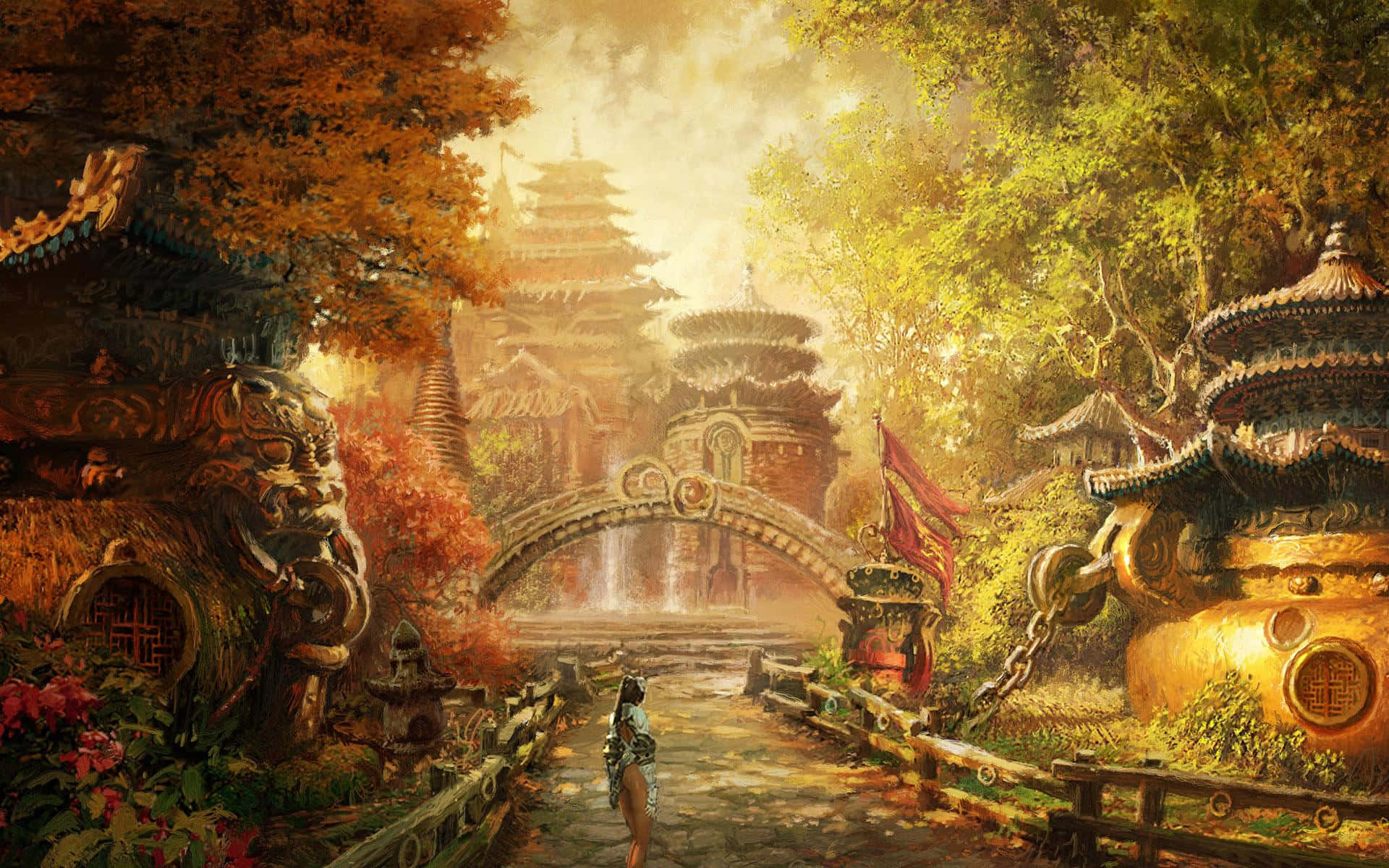 Fantasy Gardens, mystical Asian temple courtyard, golden autumn light, Full HD Desktop Wallpaper