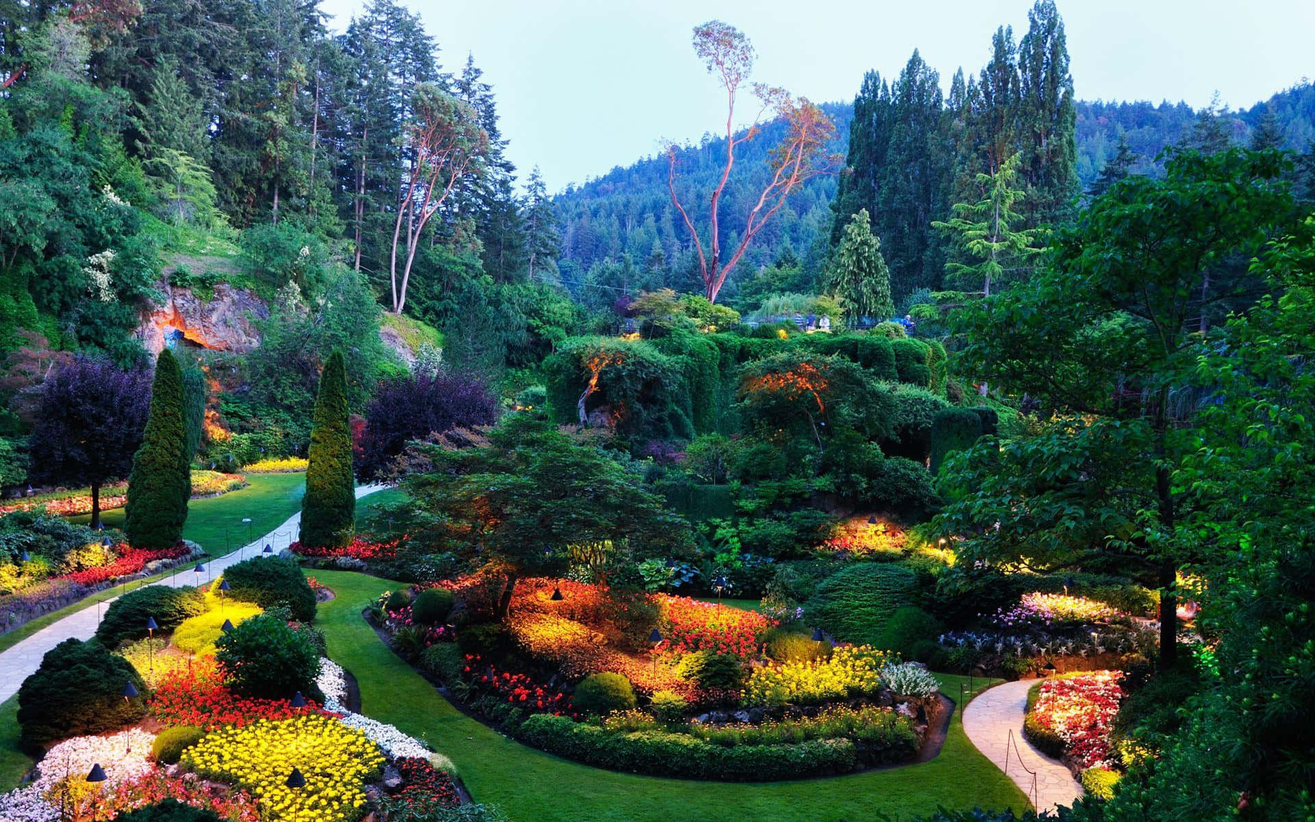 enchanted evening garden landscape, dusk, winding paths, Full HD Desktop Wallpaper