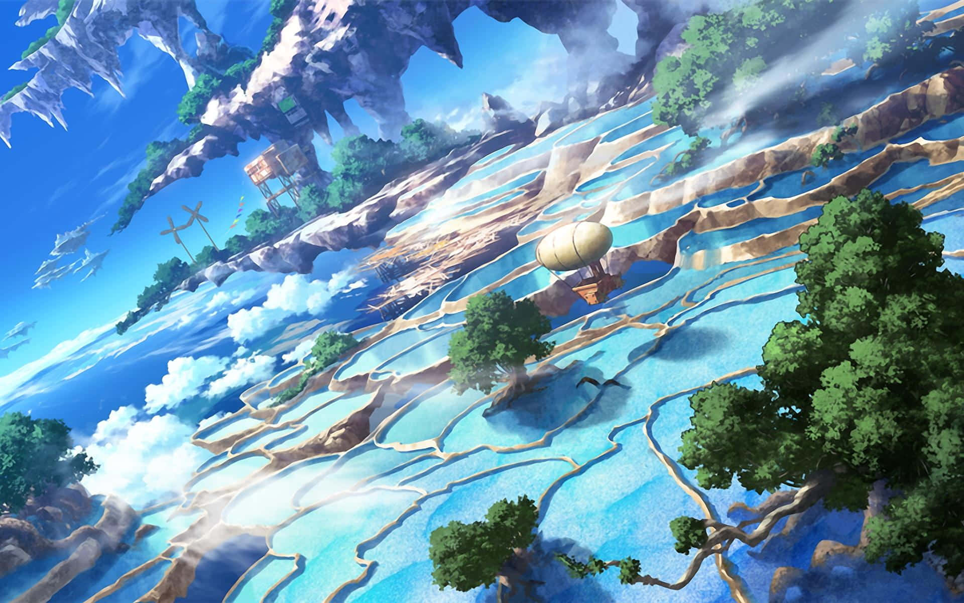 Fantasy Gardens, terraced turquoise waters, floating island paradise, Full HD Desktop Wallpaper