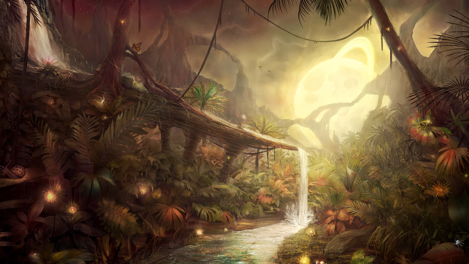 enchanted forest, waterfall, glowing ringed moon, Full HD Desktop Wallpaper