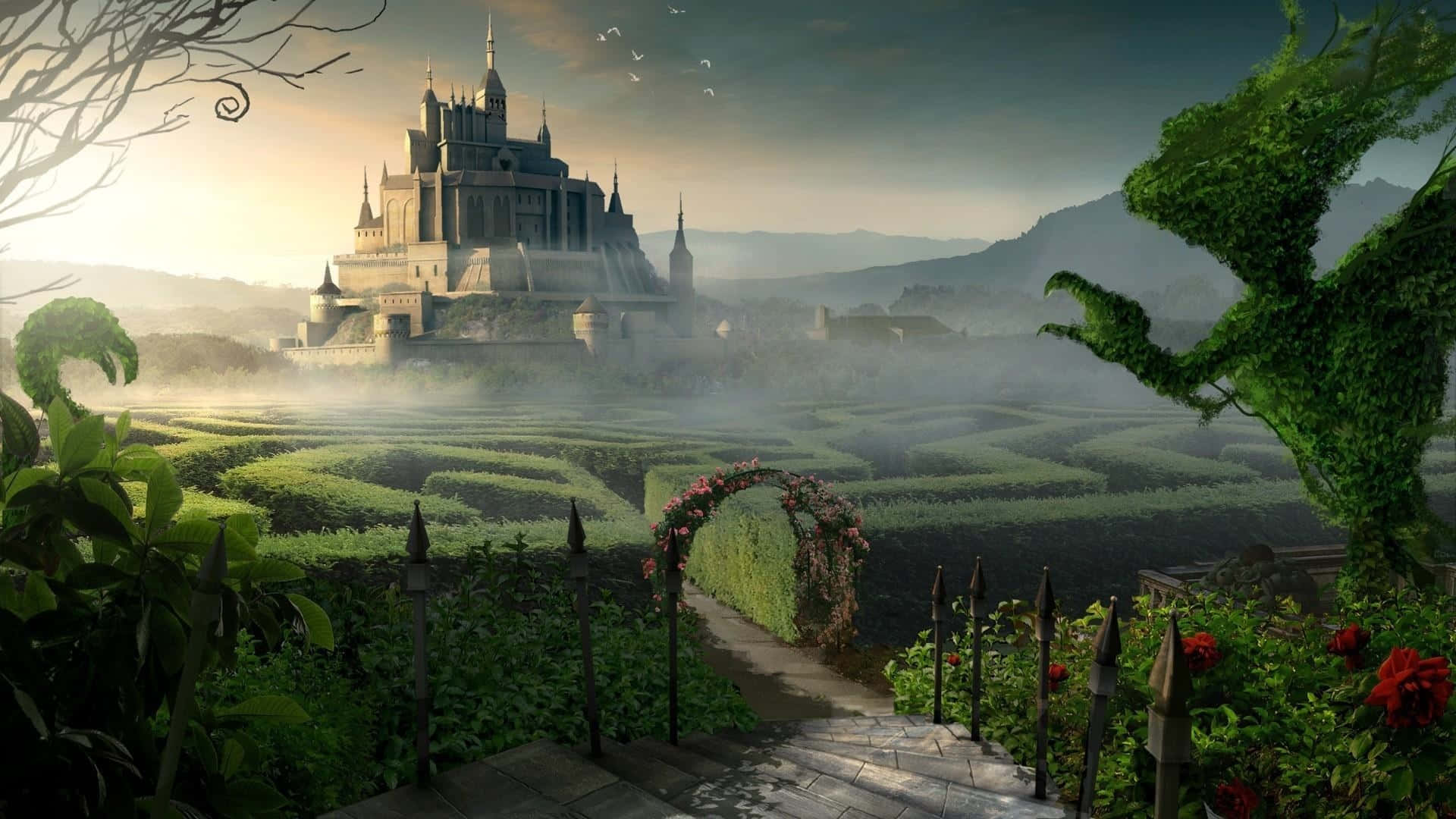 enchanted castle garden view, misty valley, lush hedge maze, Full HD Desktop Wallpaper