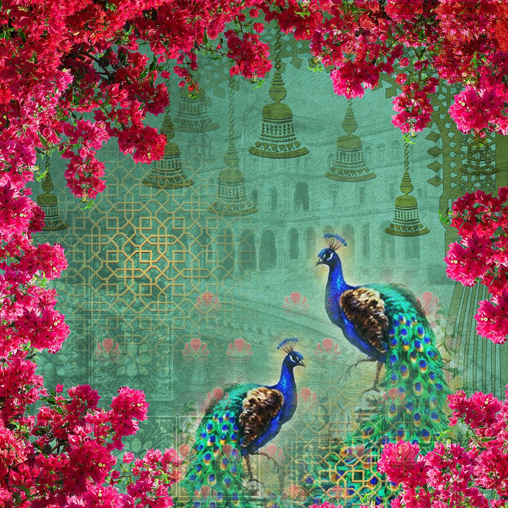 enchanted garden, peacocks, pink blossoms, SD Desktop Wallpaper