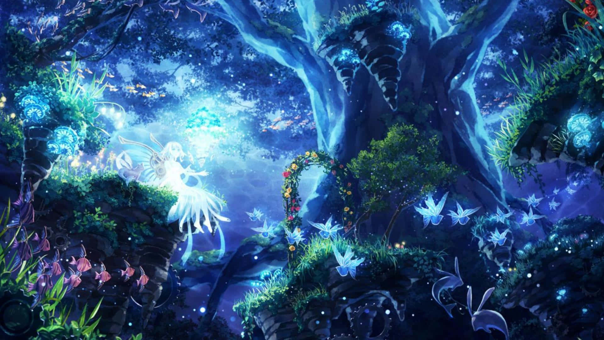 enchanted forest gateway, glowing fairy, translucent wings, Full HD Desktop Wallpaper