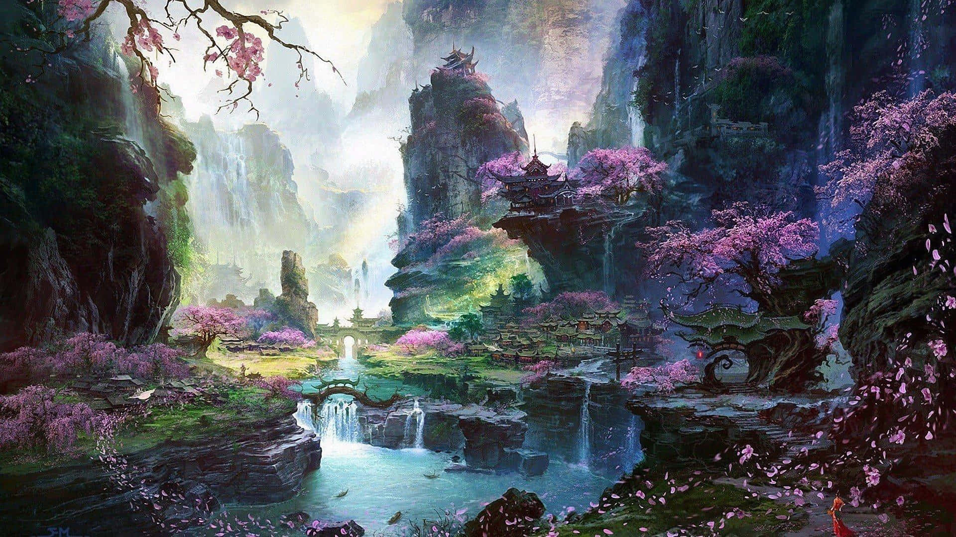 Fantasy Gardens, mystical valley, floating pagodas, Full HD Desktop Wallpaper
