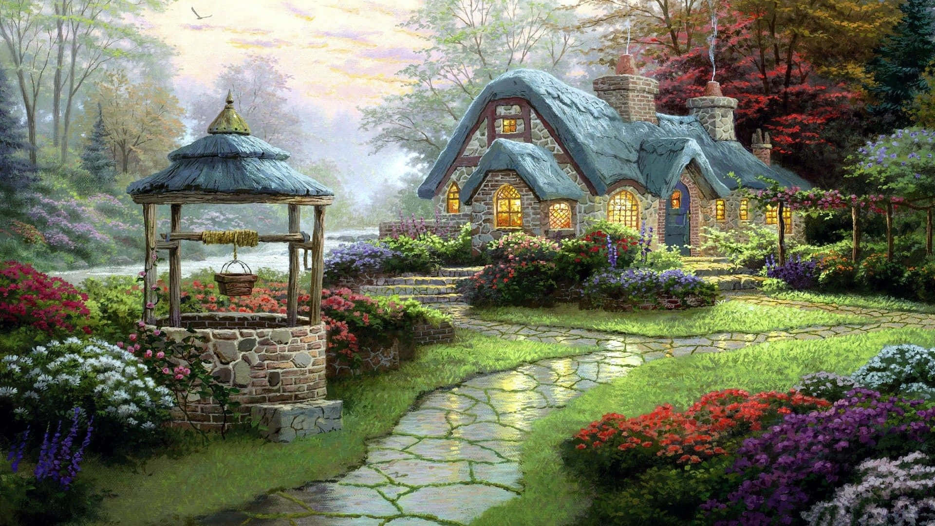 enchanted cottage, fairycore, glowing windows, Full HD Desktop Wallpaper
