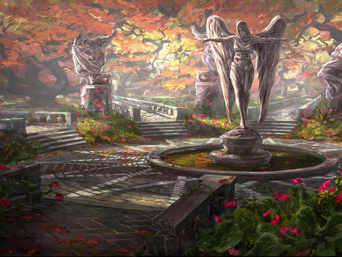 Fantasy Gardens, angel statues, garden fountain, HD Desktop Wallpaper
