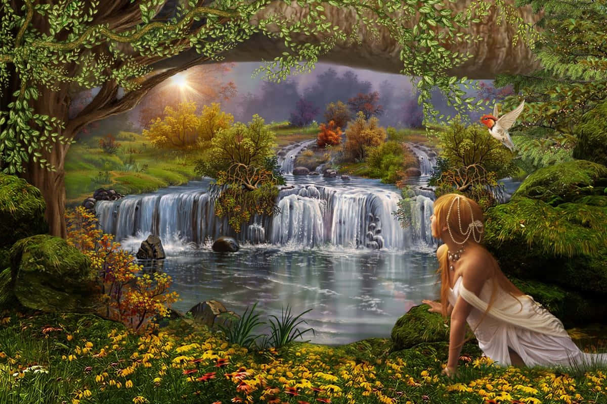enchanted waterfall garden fantasy, white woman, yellow flowers, SD Desktop Wallpaper