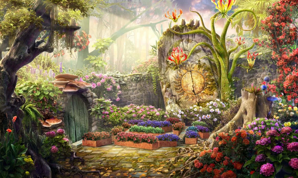 enchanted floral garden pathway, mossy stone archway, colorful flowers, SD Desktop Wallpaper