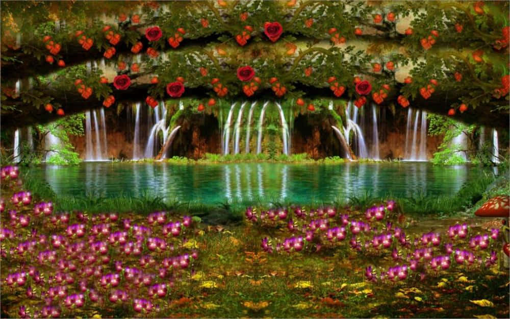 Fantasy Gardens, enchanting forest pathway, red roses, SD Desktop Wallpaper