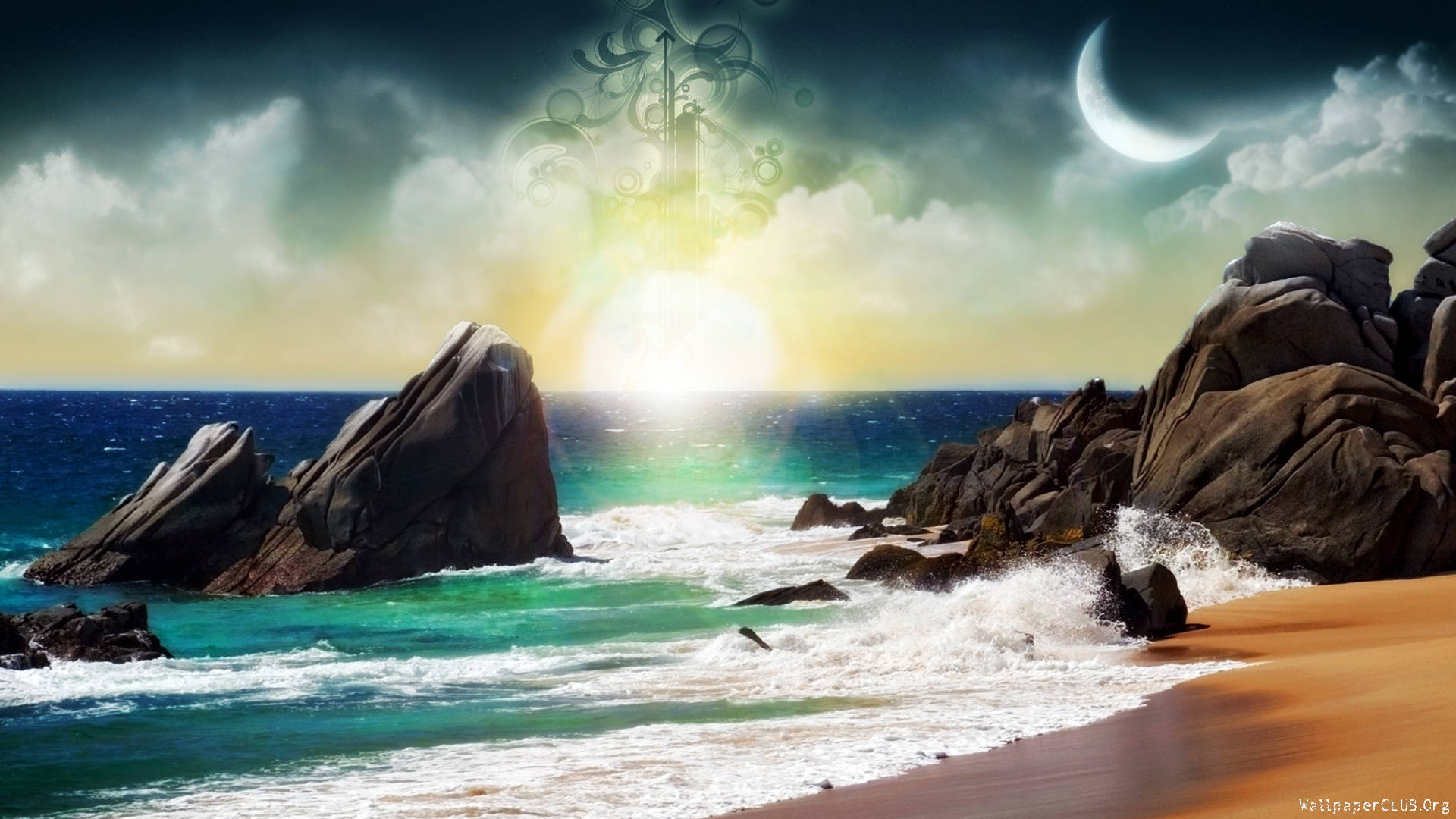 Fantasy Island, waves, crashing waves, Full HD Desktop Wallpaper
