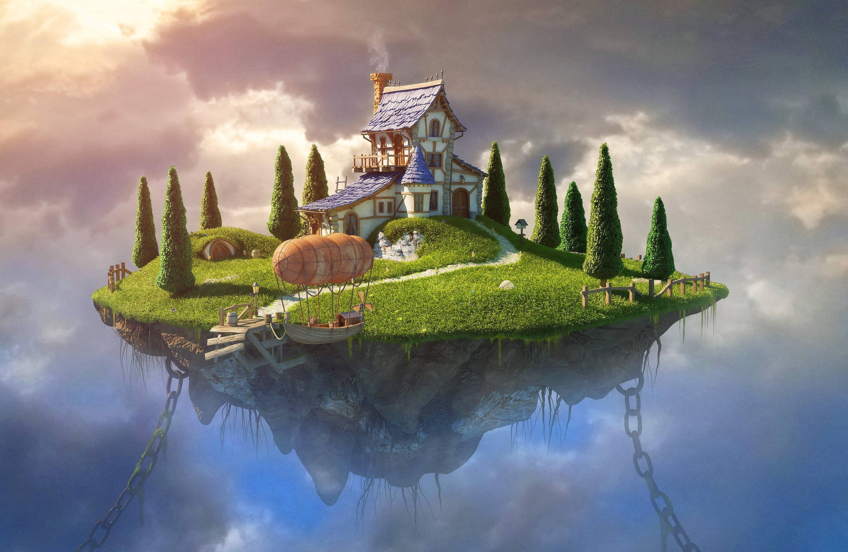 Fantasy Island, cozy house, hot air balloon, 2K Desktop Wallpaper
