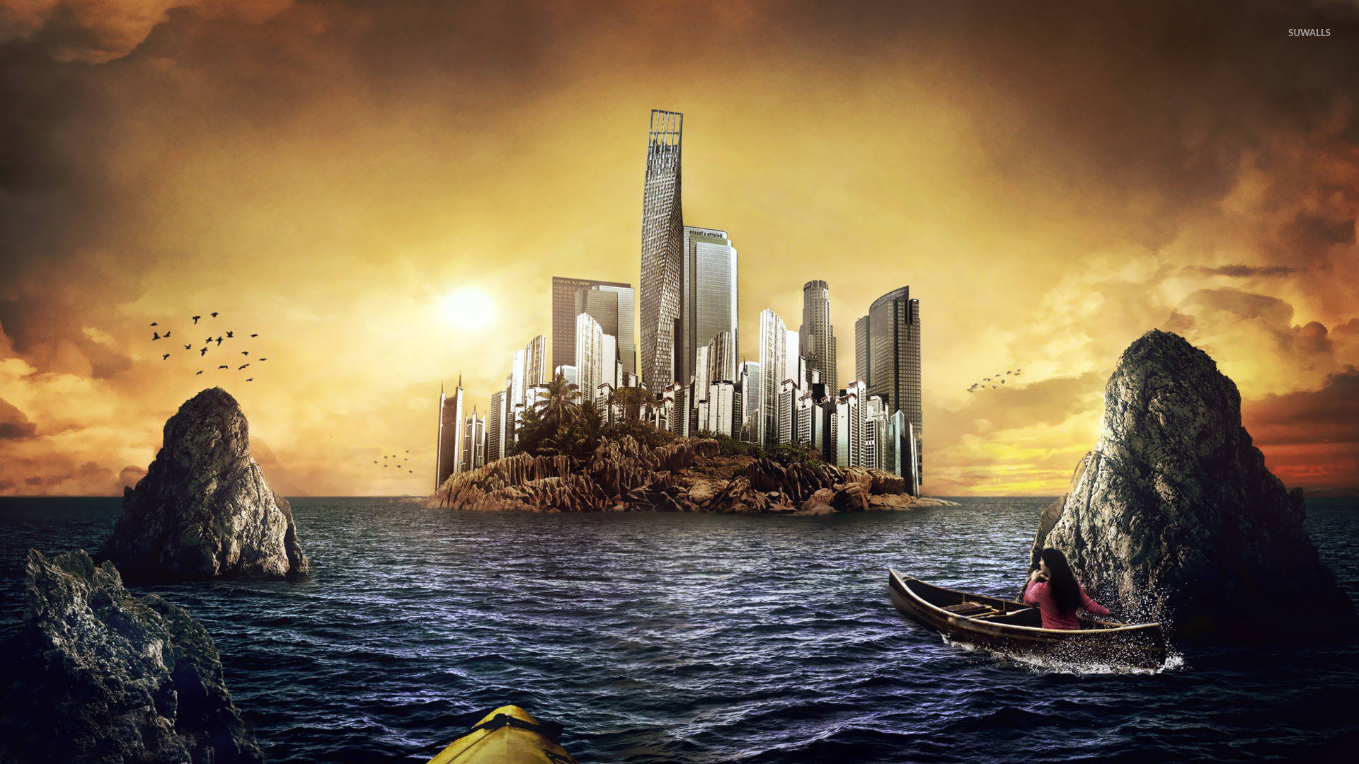 Fantasy Island, towering buildings, futuristic cityscape, Full HD Desktop Wallpaper