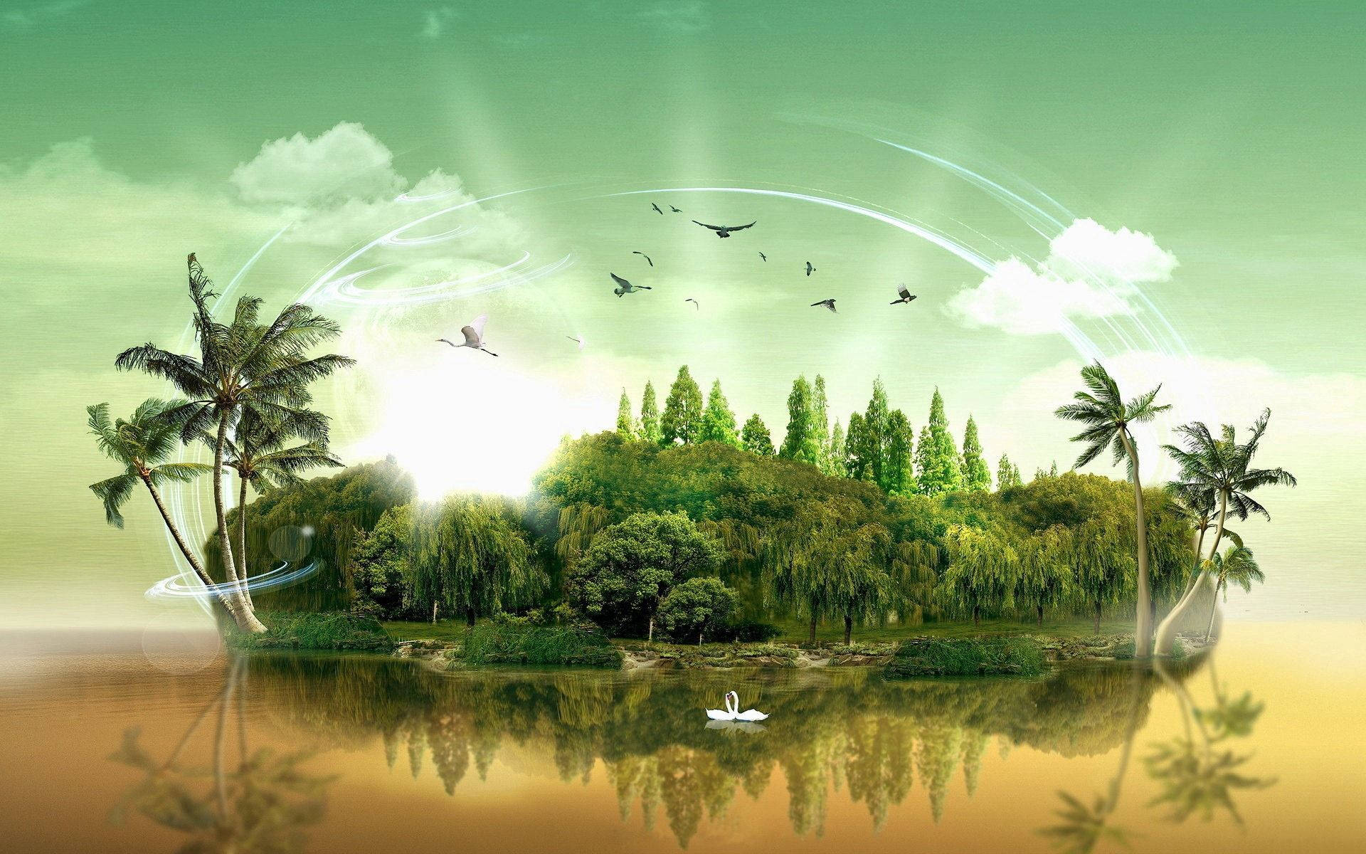 Fantasy Island, tropical island, palm trees, Full HD Desktop Wallpaper
