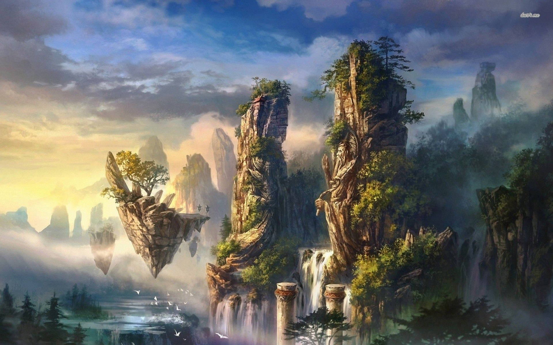 Fantasy Island, two huge pillars, ancient trees, Full HD Desktop Wallpaper